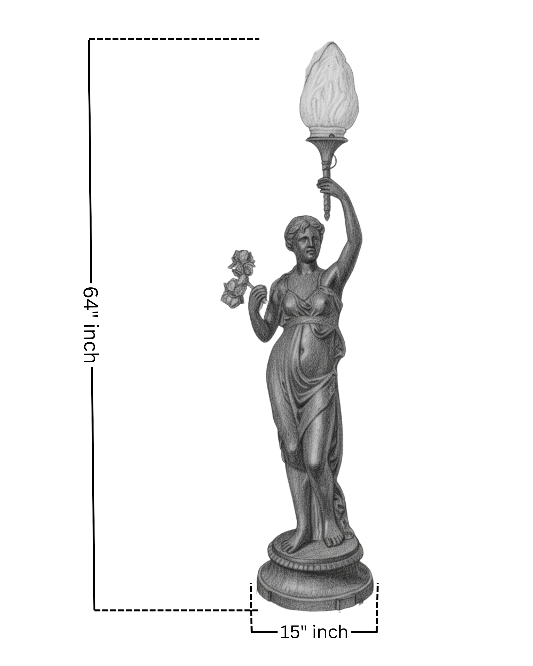 Statue of a woman holding a lamp with dimensions indicated