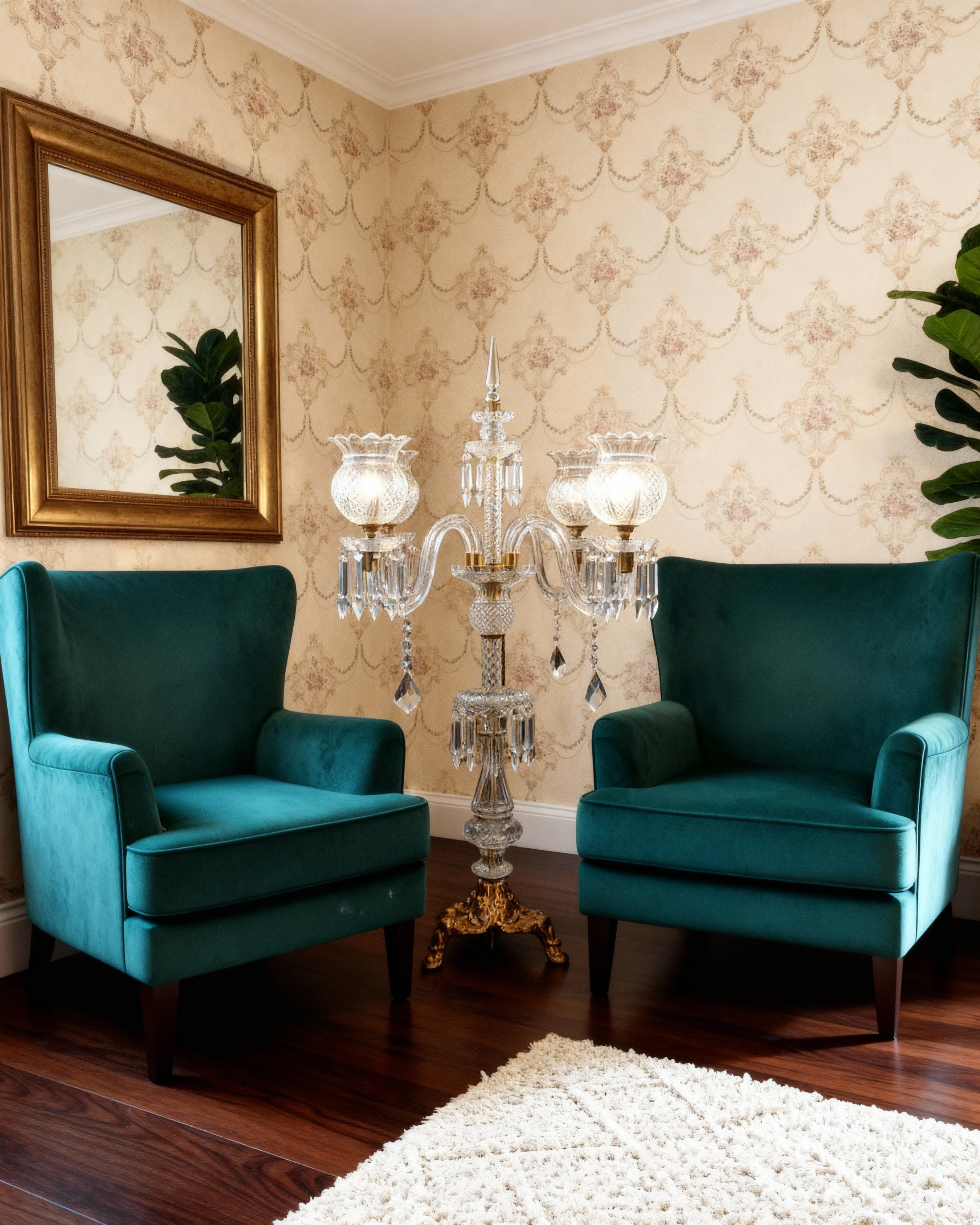 Two teal armchairs in a room with decorative wallpaper, a chandelier, and a mirror.