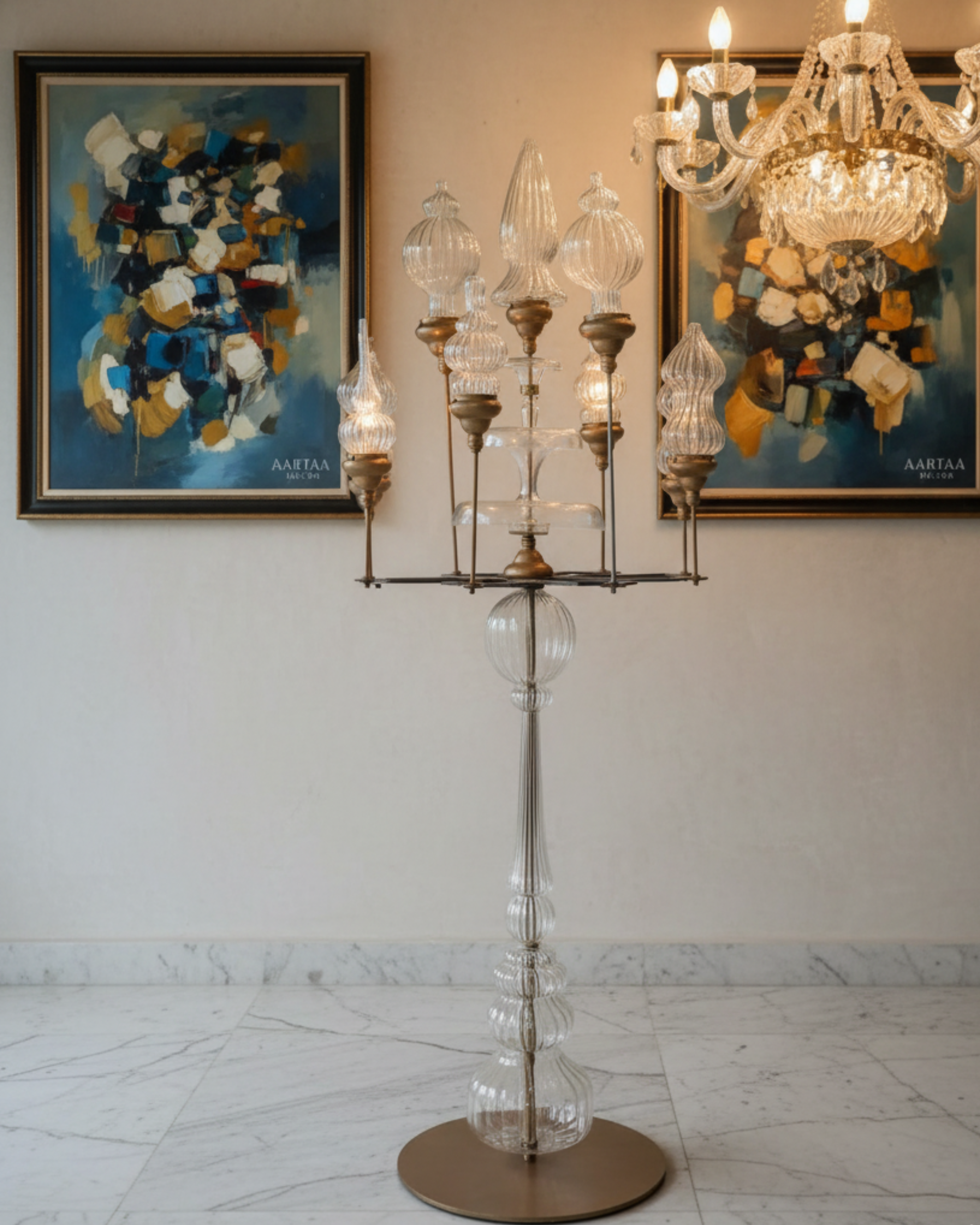 Rajvilas Hand-Blown Brass & Glass Floor Chandelier