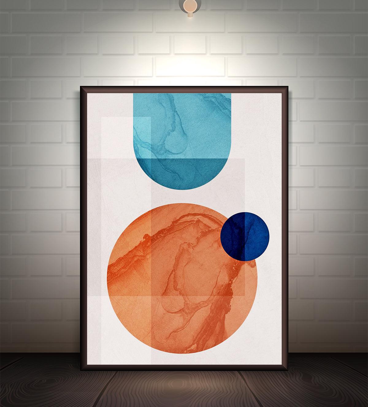 Abstract artwork featuring geometric circles in overlapping orange and blue tones on a white background. The painting blends minimalist design with watercolor textures.