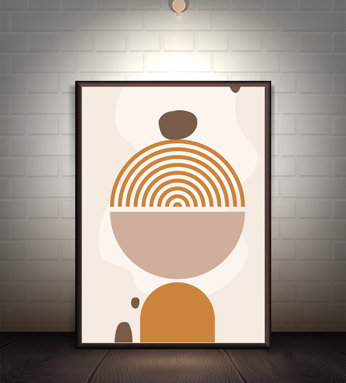 Minimalist abstract painting with concentric arcs, geometric shapes, and a warm earthy color palette of terracotta, beige, and brown. A perfect addition to modern or boho interiors.