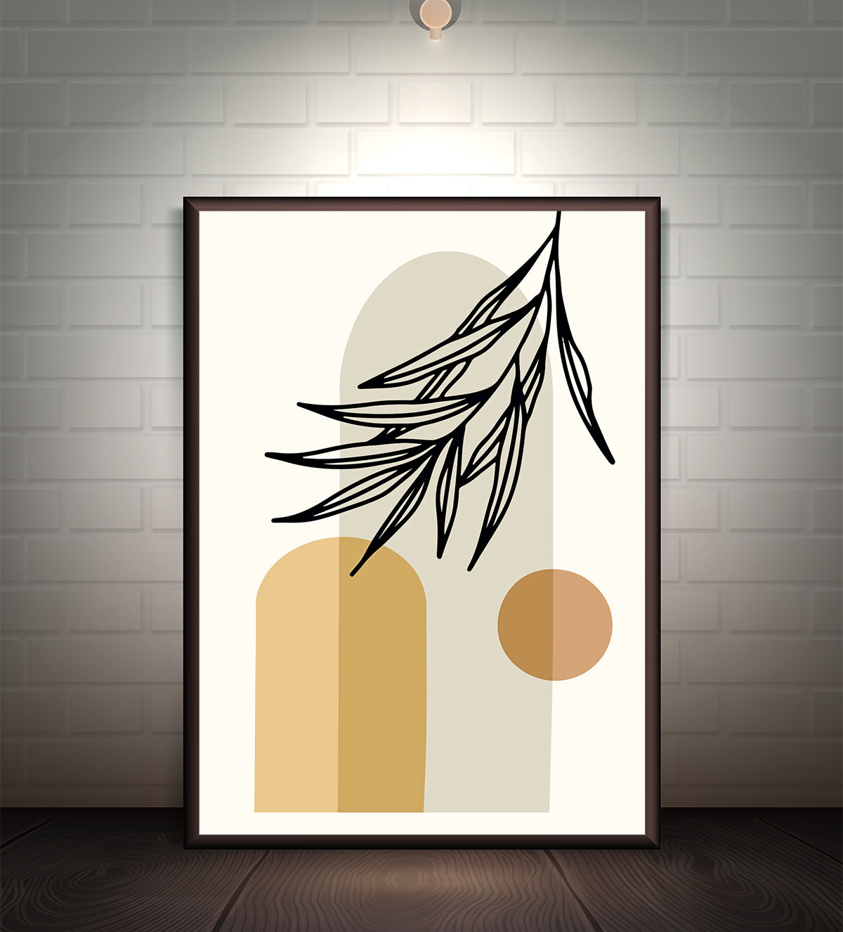 Harmony in Boho is a gorgeous piece of art that elegantly combines contemporary geometric patterns with earthy organic shapes to elevate any space. With its calming, smooth white background and overlapping organic shapes in warm, neutral tones, this alluring abstract artwork exudes calmness in any area. A strong focal point is created by a bright orange circle, and the composition is enhanced by the graceful silhouette of a palm leaf, which gives a touch of natural beauty - Aartaa decor