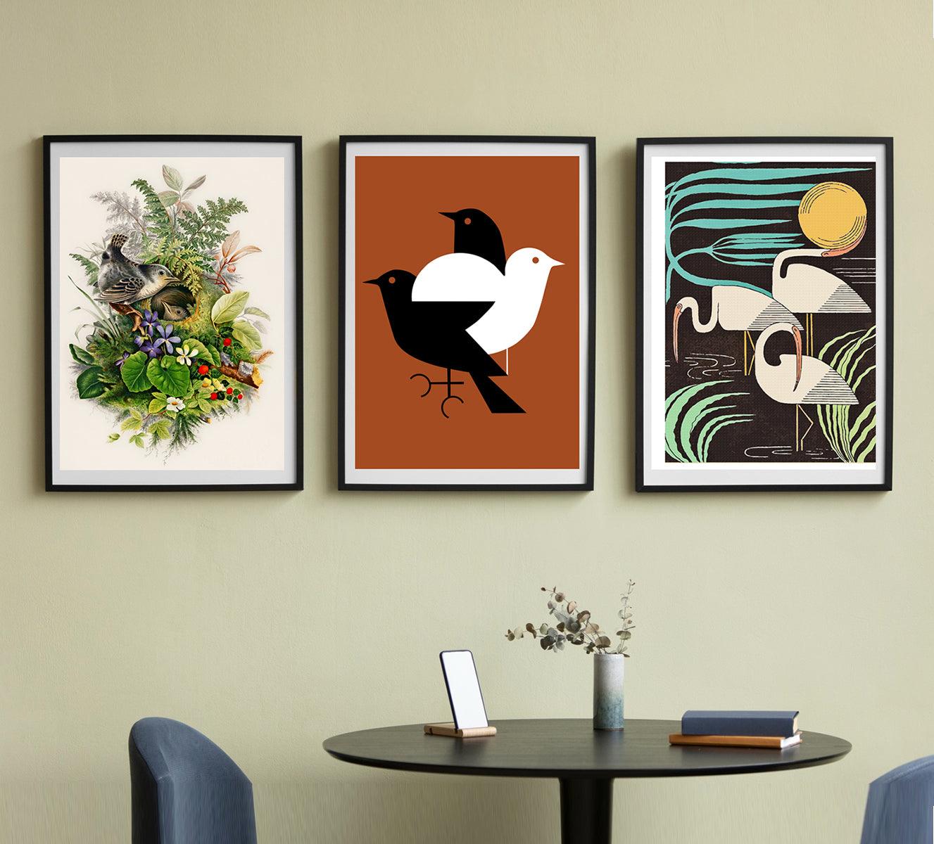 Set of three modern art prints featuring birds, botanical elements, and abstract landscapes in earthy tones, designed to bring a touch of nature to home or office decor.