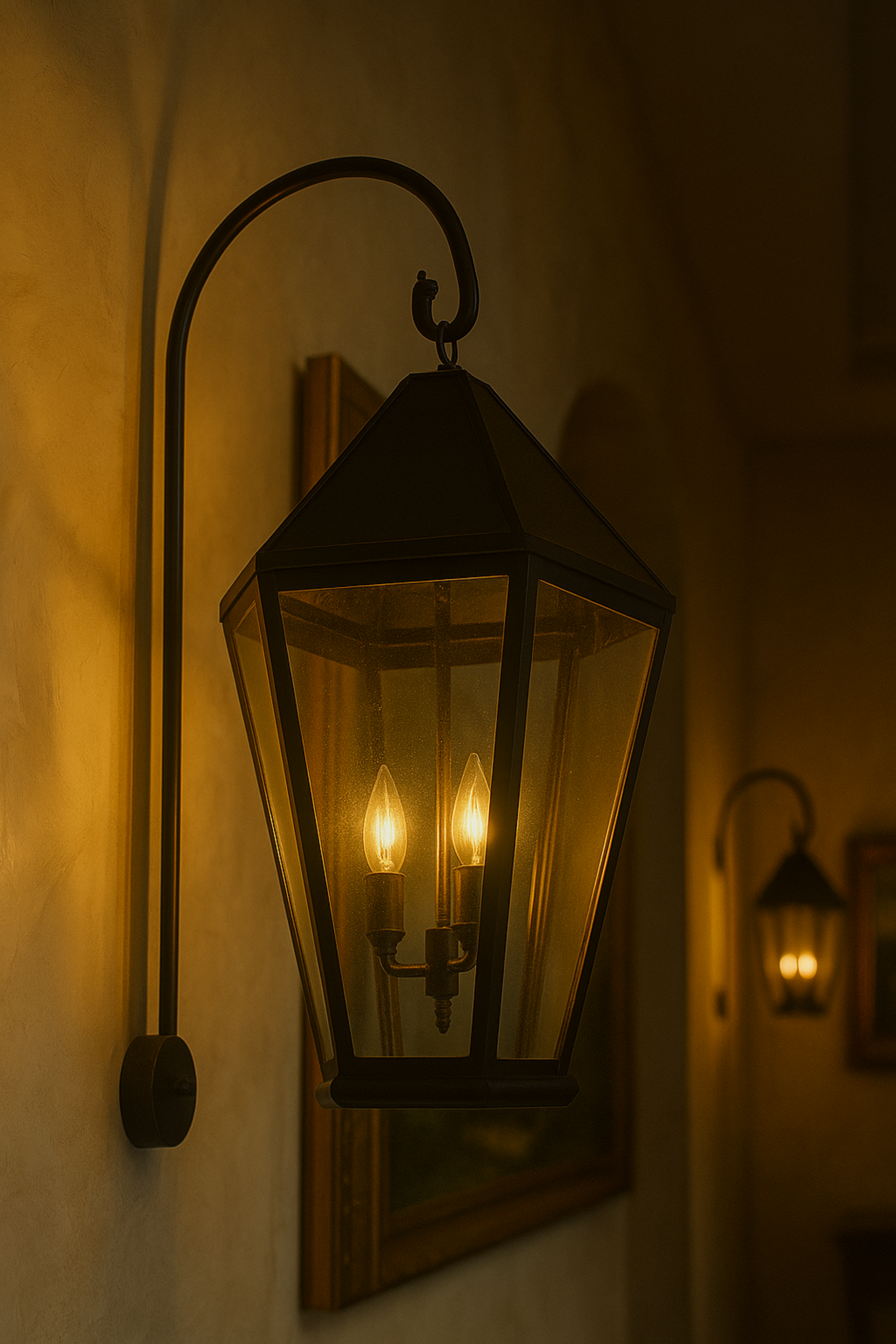 Close-up of black metal wall lantern with glowing candle-style bulbs mounted on vintage plaster wall