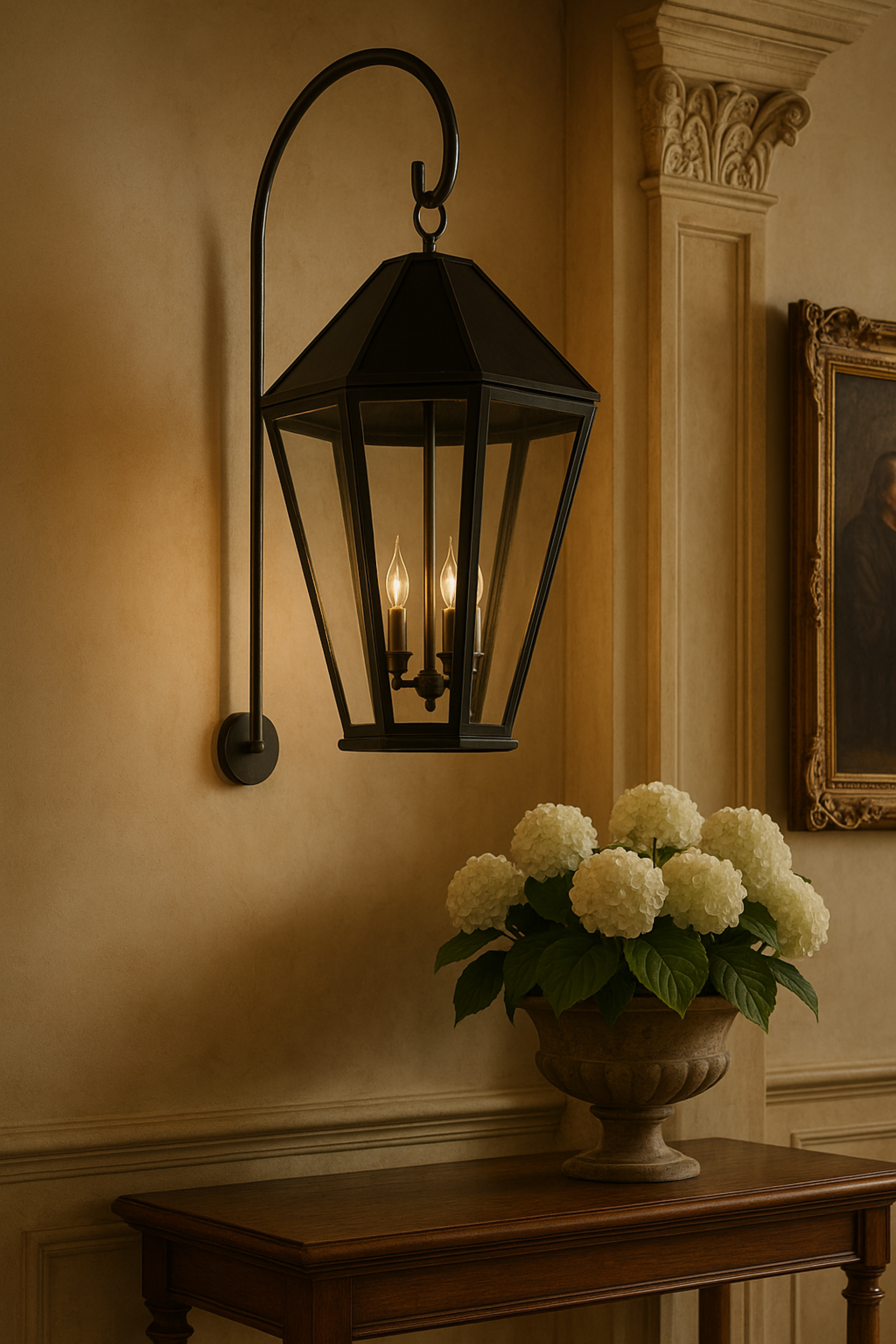 Classic handcrafted wall sconce in hallway with antique console and white hydrangeas