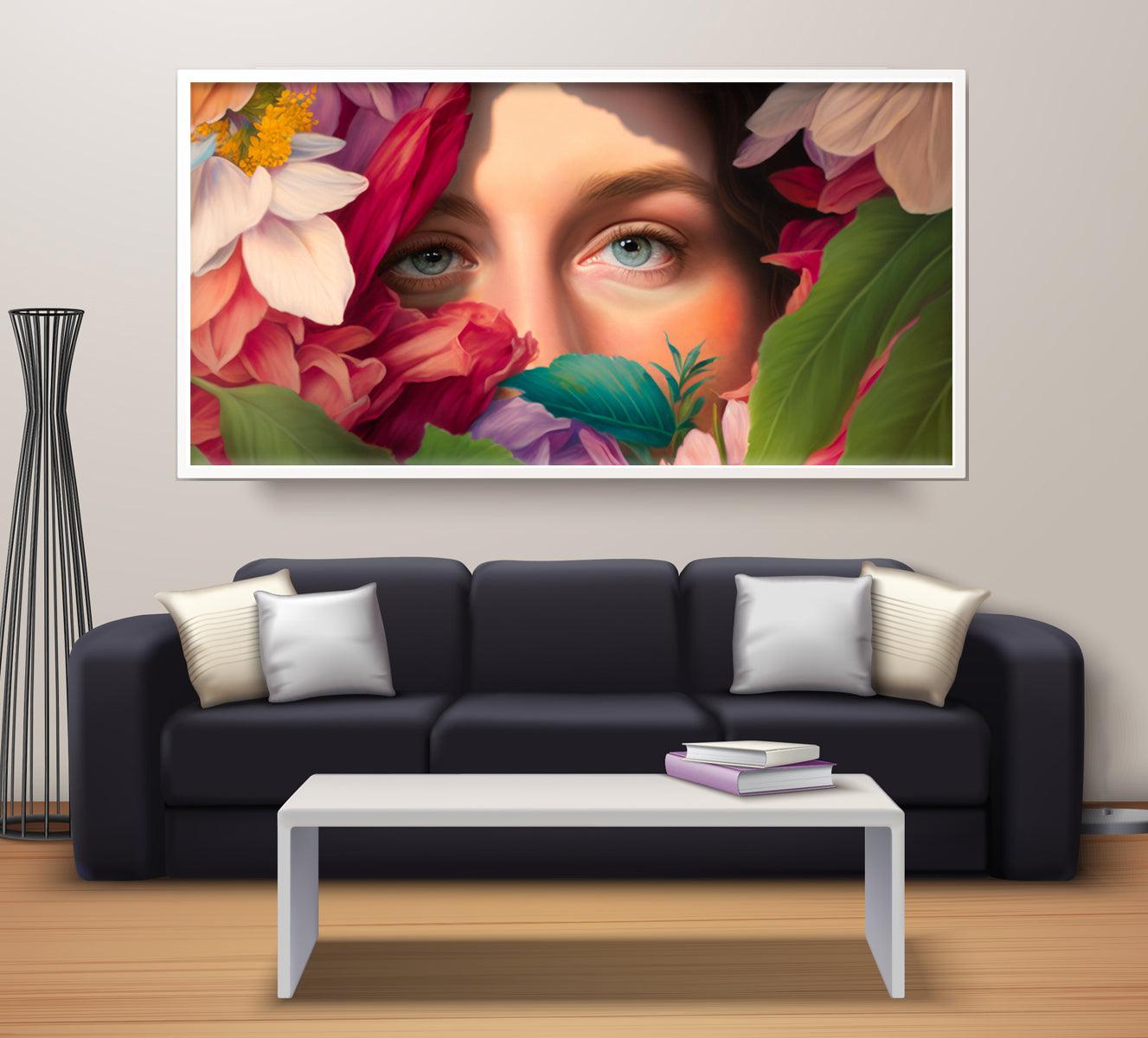 A vibrant floral artwork featuring a hidden female face surrounded by lush, colorful flowers, blending elements of nature and mystery.