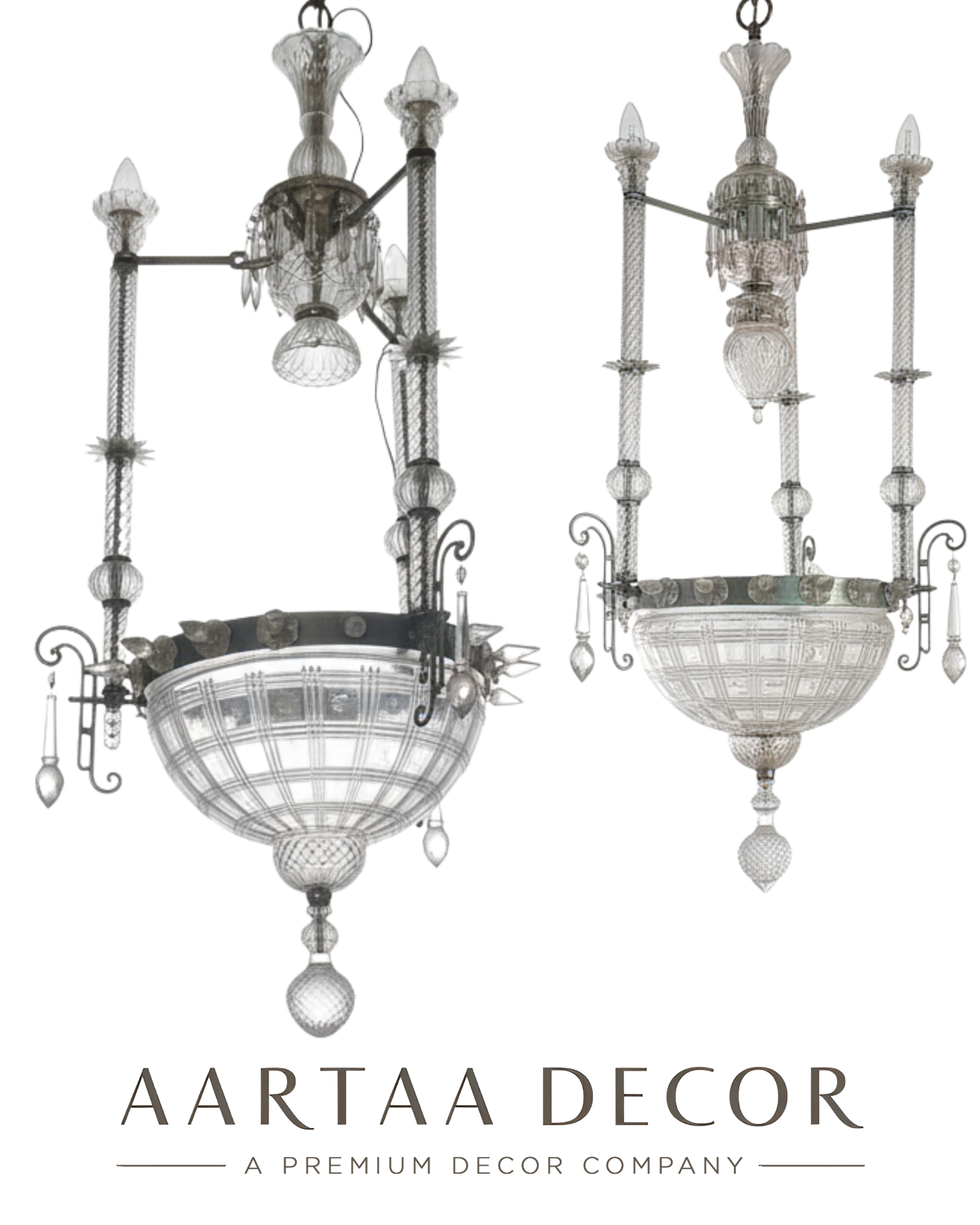 Two ornate chandeliers with 'Aartaa Decor' branding on a white background