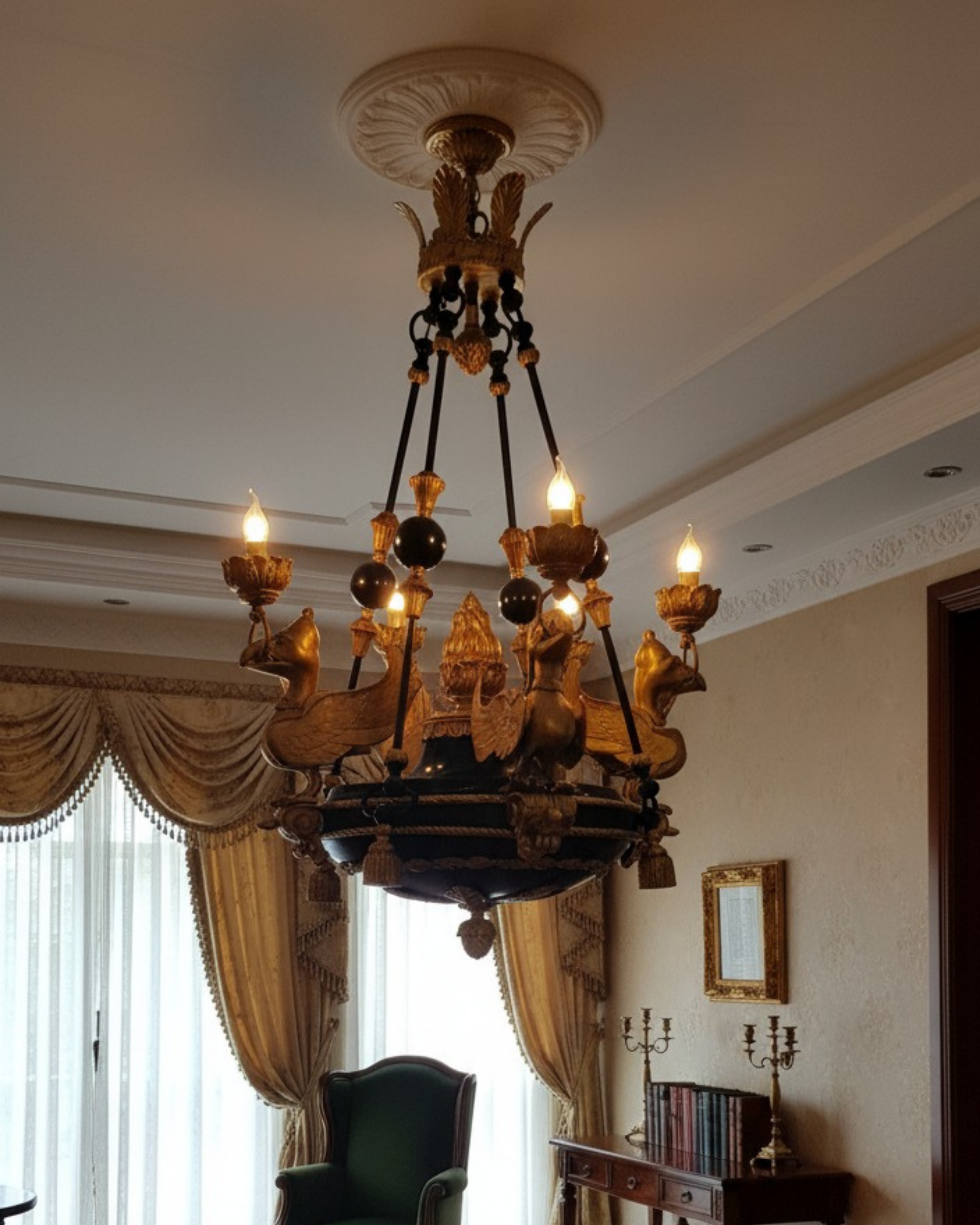 The Imperial Griffin Brass Chandelier – handcrafted luxury brass chandelier with six griffins, gilded gold and patinated black finish, 36 x 30 inches, made in India