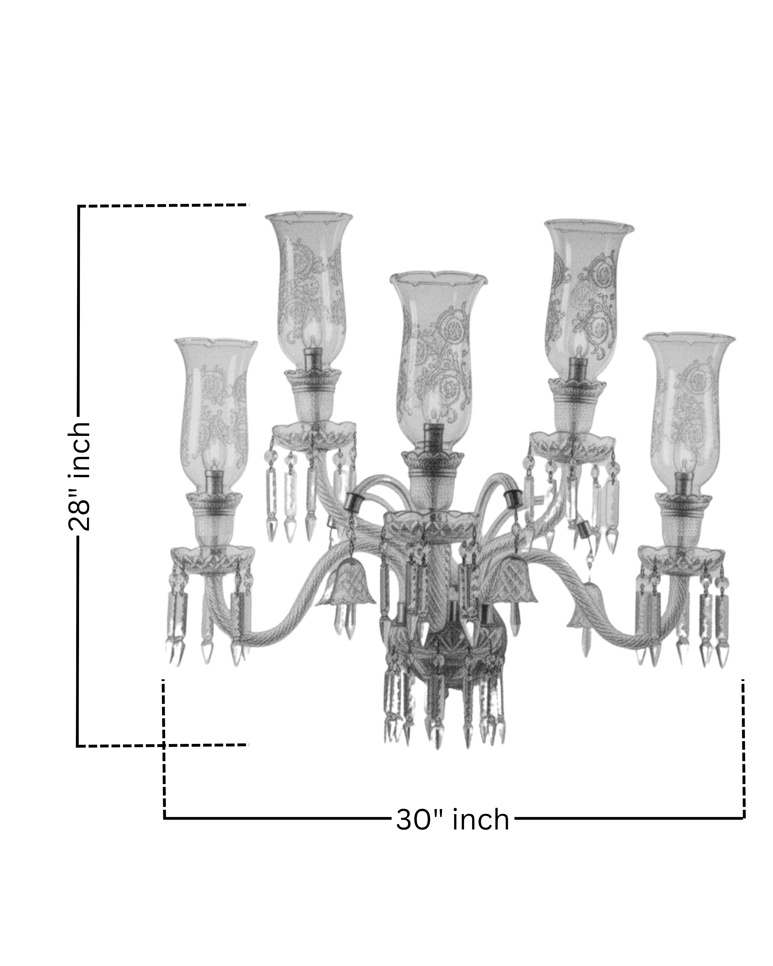 Chandelier with dimensions indicated on a white background