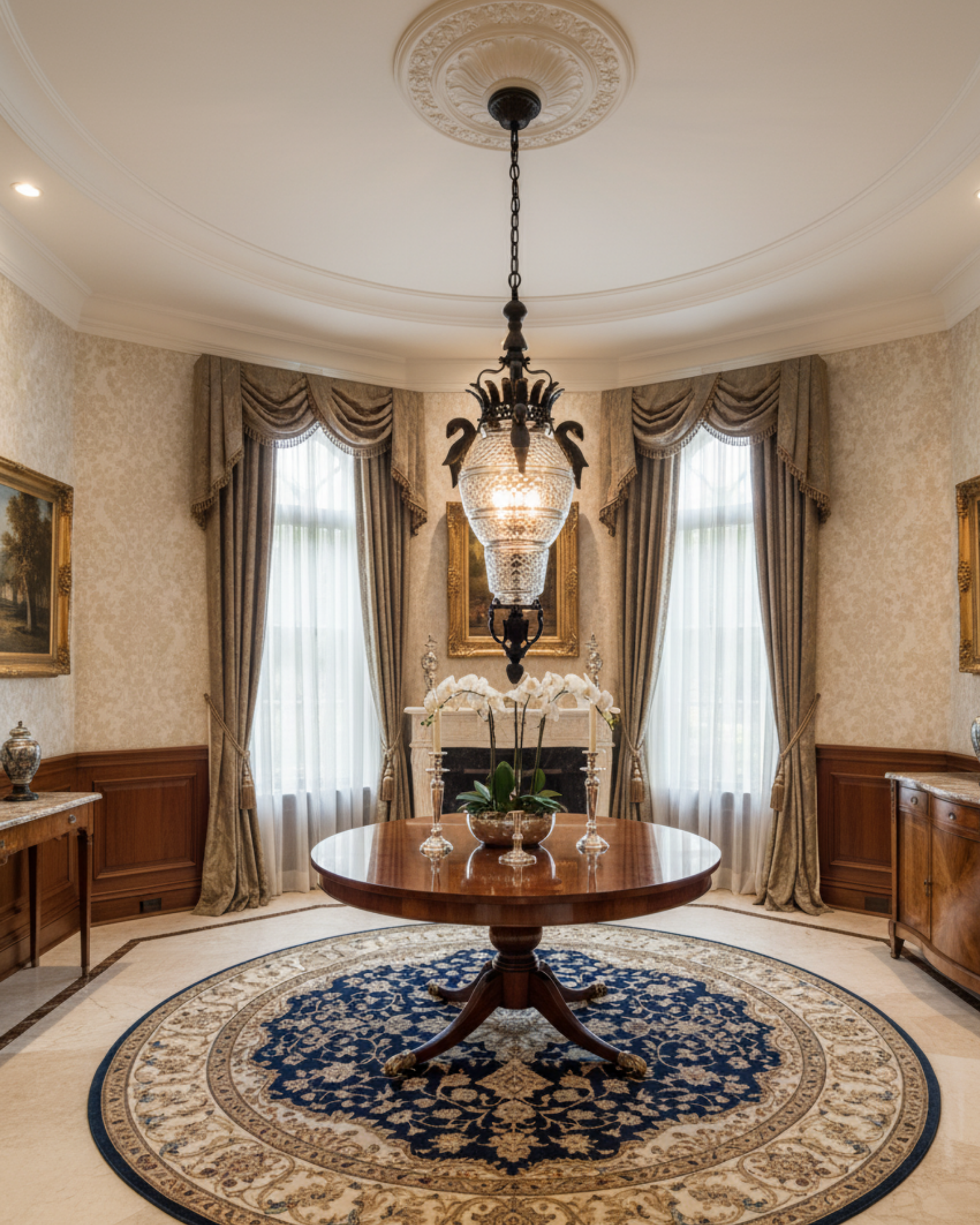 Imperial Swan Crown Crystal Pendant Light by Aartaa Decor hanging in a luxury dining room with round wooden table and royal interiors.