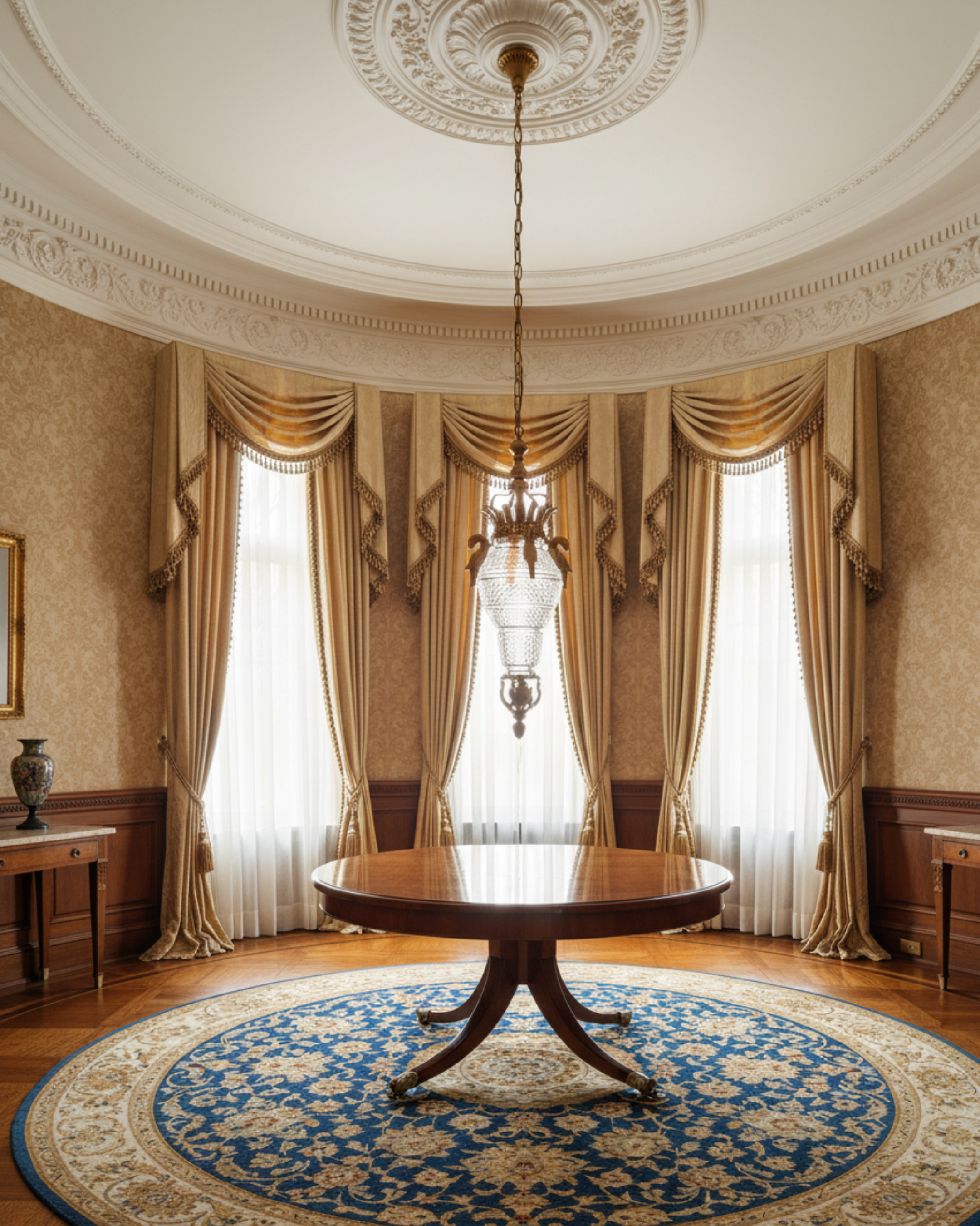 Elegant room with round wooden table, ornate ceiling, and large windows with curtains.