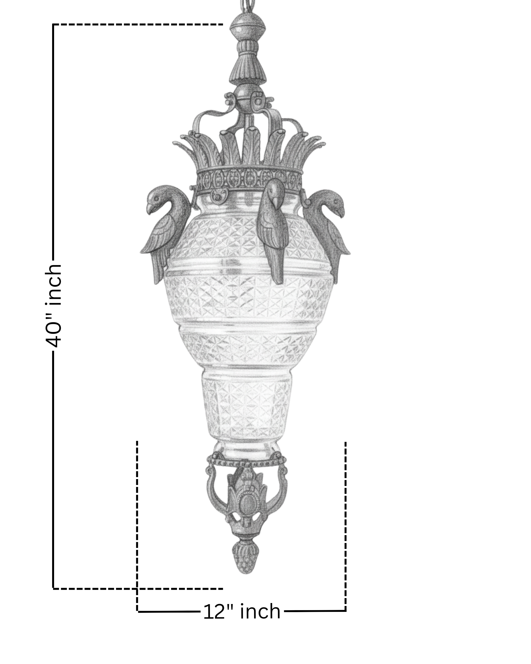 Detailed technical drawing of the Imperial Swan Crown Crystal Pendant Light with 40-inch height and 12-inch diameter specifications.