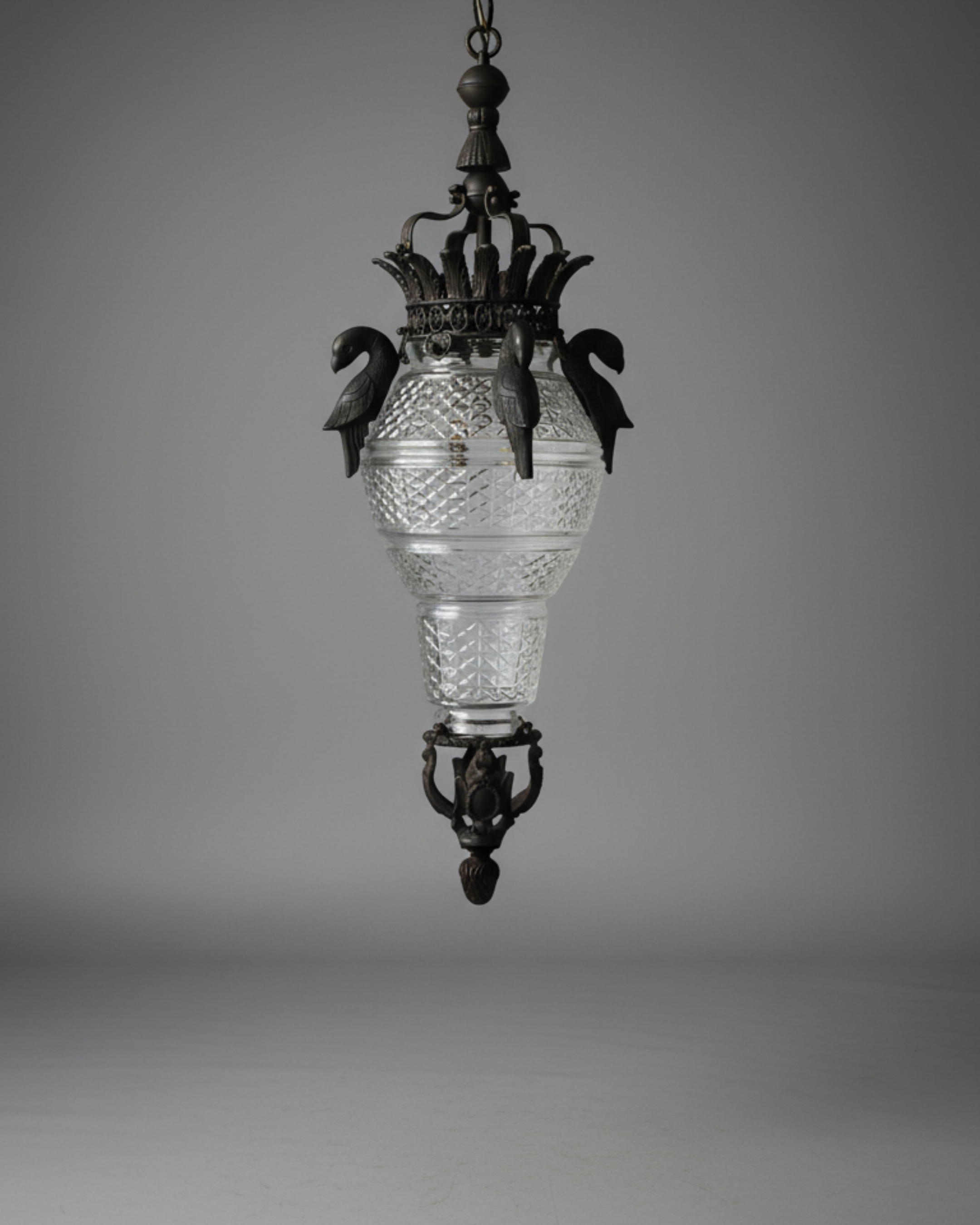 Vintage-style hanging lamp with clear glass shade and metal fixture on a gray background