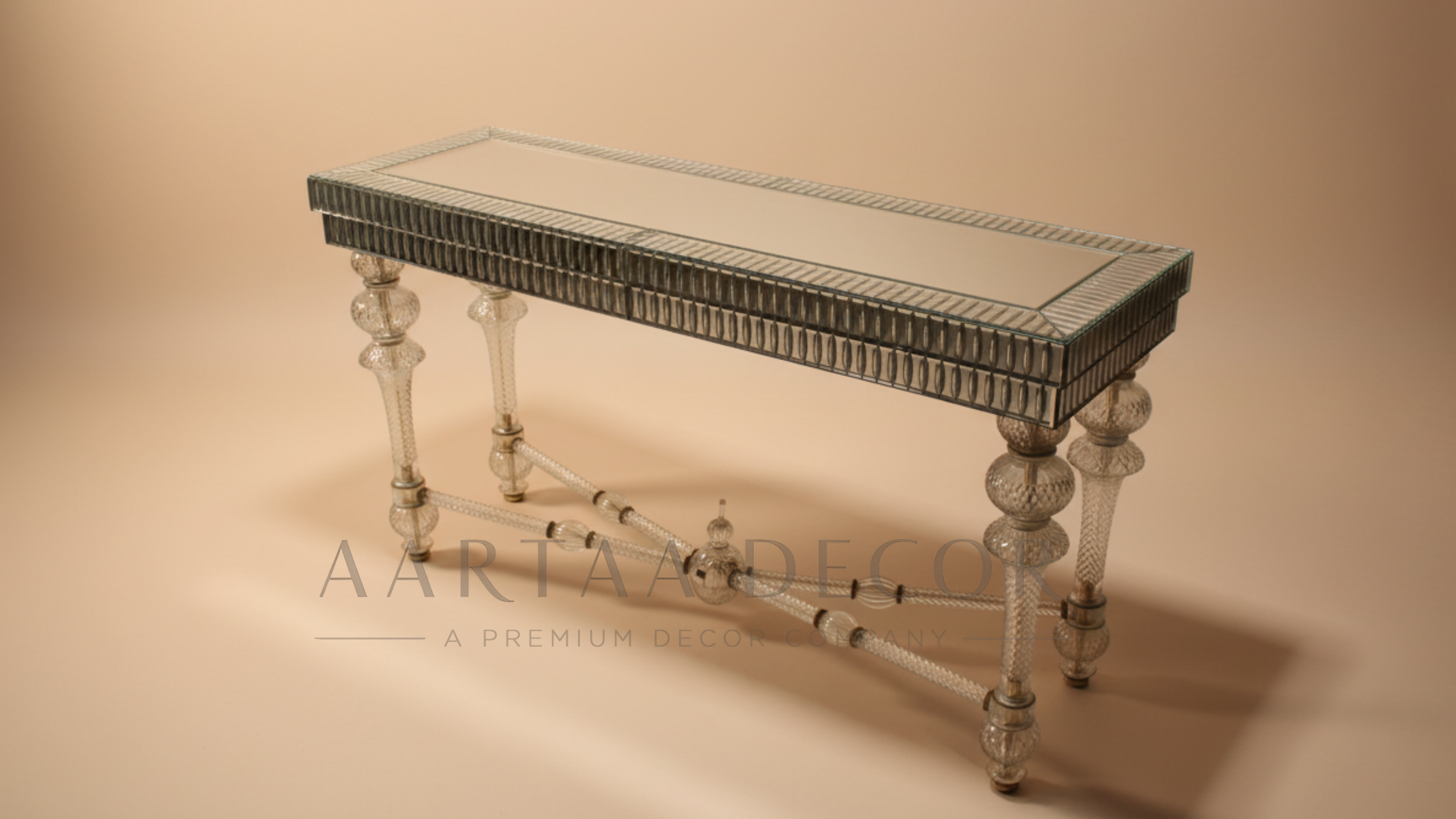 Decorative console table with intricate design on a beige background, featuring the brand 'Aartaa Decor'.