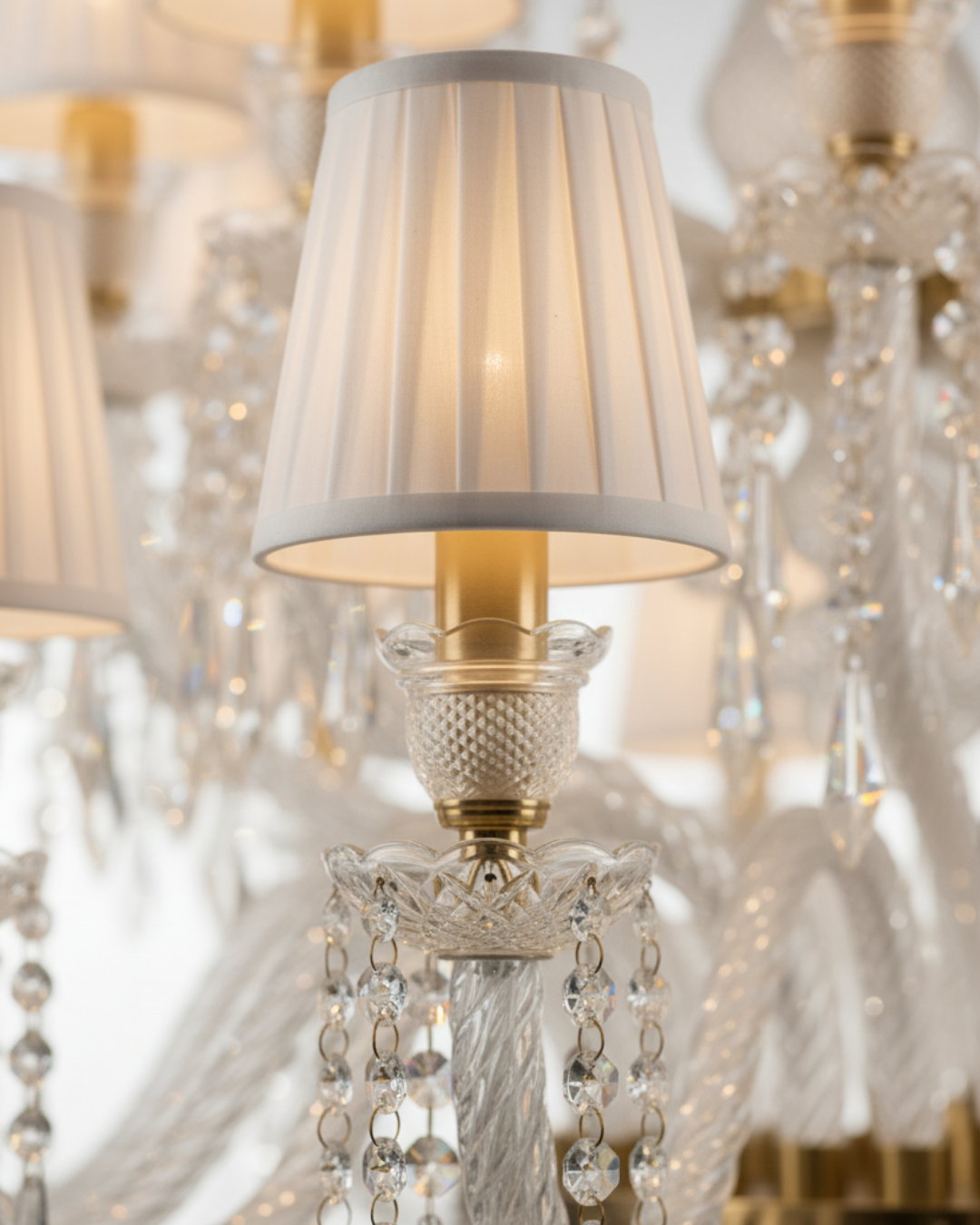 Close-up of a chandelier with crystal details and a soft light fixture. The Ivory Crown Grand Chandelier is a masterfully handcrafted luxury chandelier, created by AartaaDecor’s in-house artisans using solid brass and premium hand-cut crystal glass