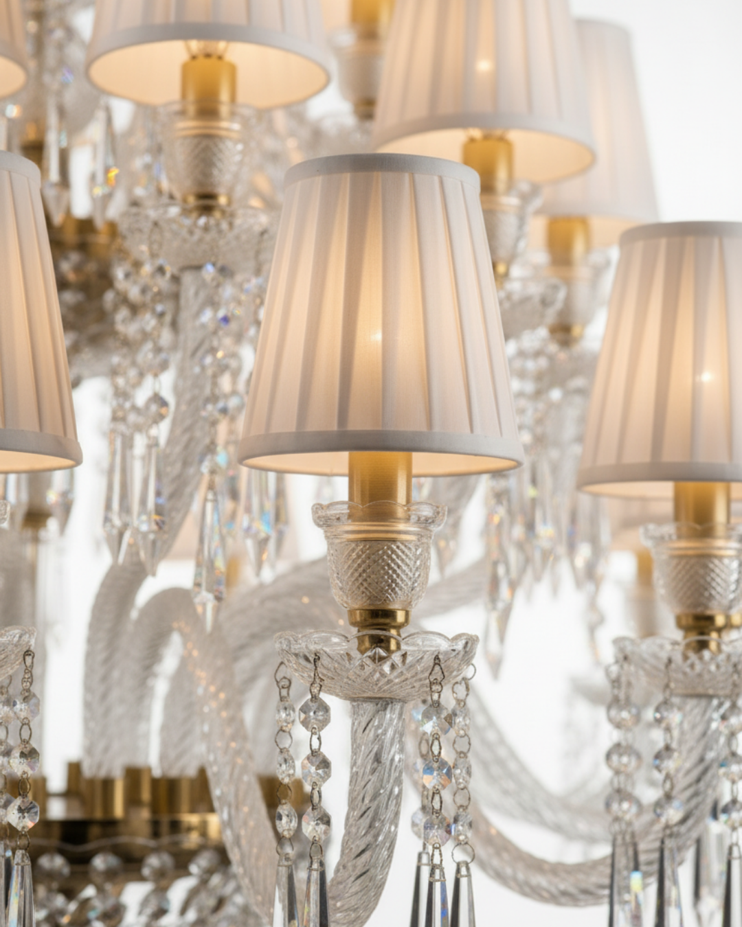Close-up of a chandelier with crystal details and lampshades. The Ivory Crown Grand Chandelier is a masterfully handcrafted luxury chandelier, created by AartaaDecor’s in-house artisans using solid brass and premium hand-cut crystal glass