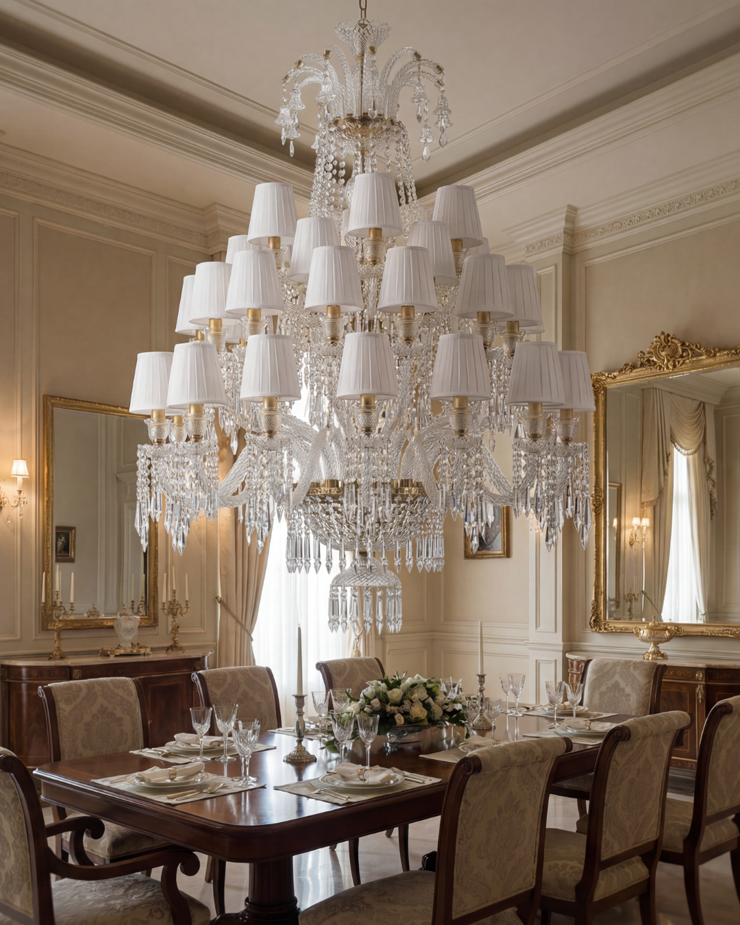 Large chandelier hanging above a dining table in an elegant room with mirrors and decor. The Ivory Crown Grand Chandelier is a masterfully handcrafted luxury chandelier, created by AartaaDecor’s in-house artisans using solid brass and premium hand-cut crystal glass