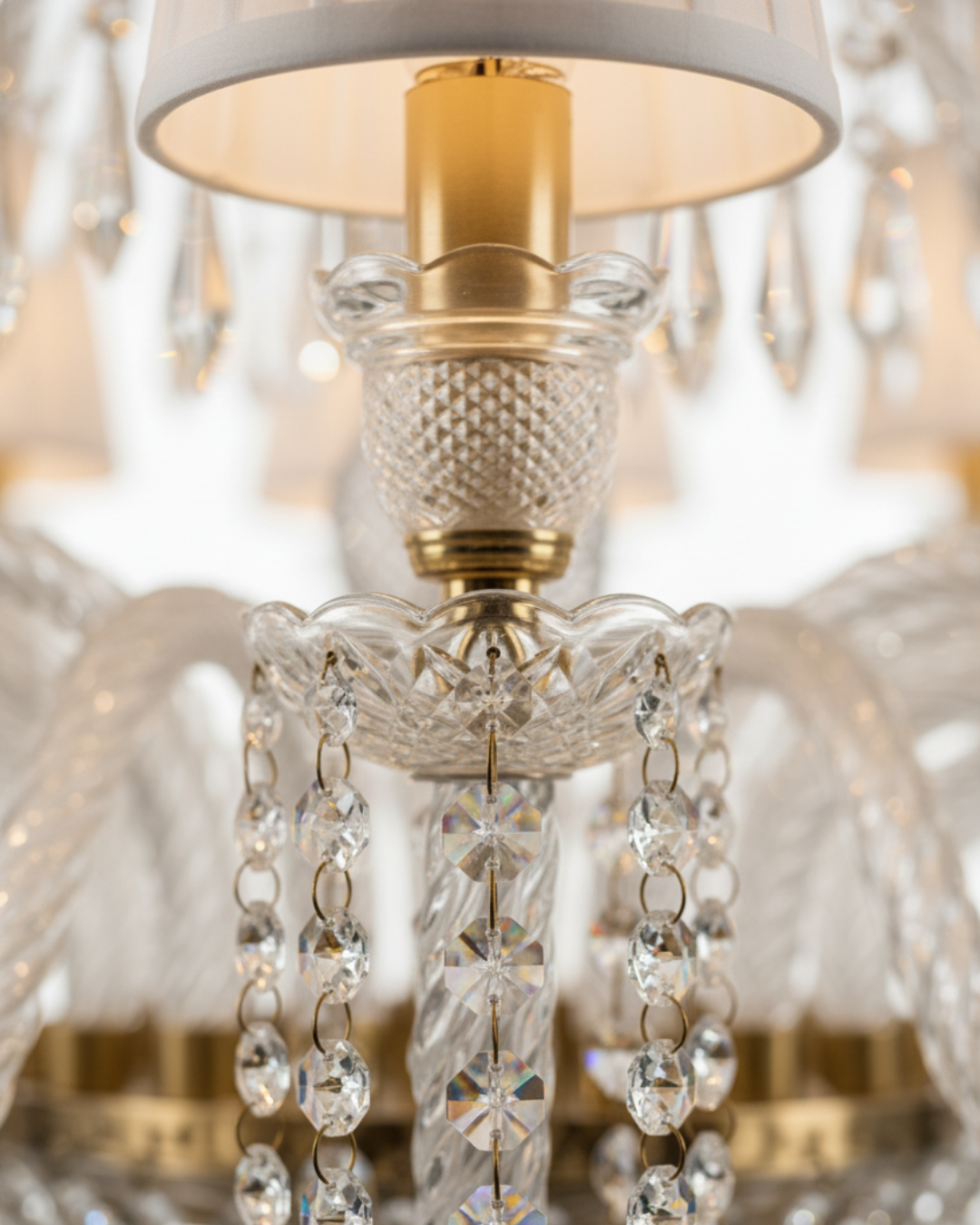 Close-up of a decorative chandelier with crystal details and a gold fixture. The Ivory Crown Grand Chandelier is a masterfully handcrafted luxury chandelier, created by AartaaDecor’s in-house artisans using solid brass and premium hand-cut crystal glass