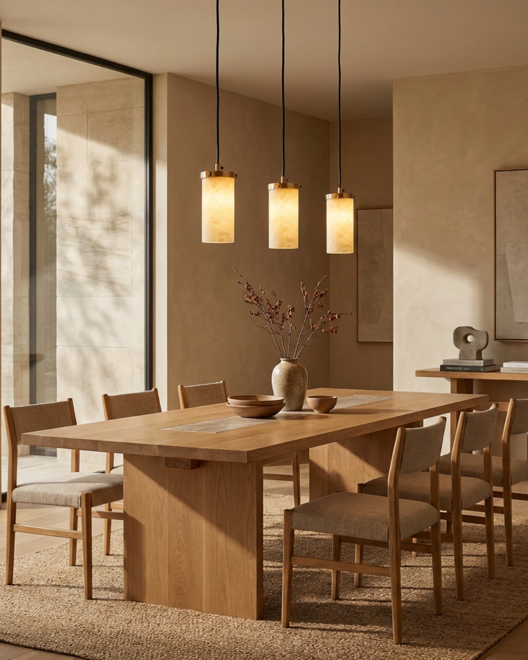 Dining room with wooden table and chairs, pendant lights, and a vase with branches.