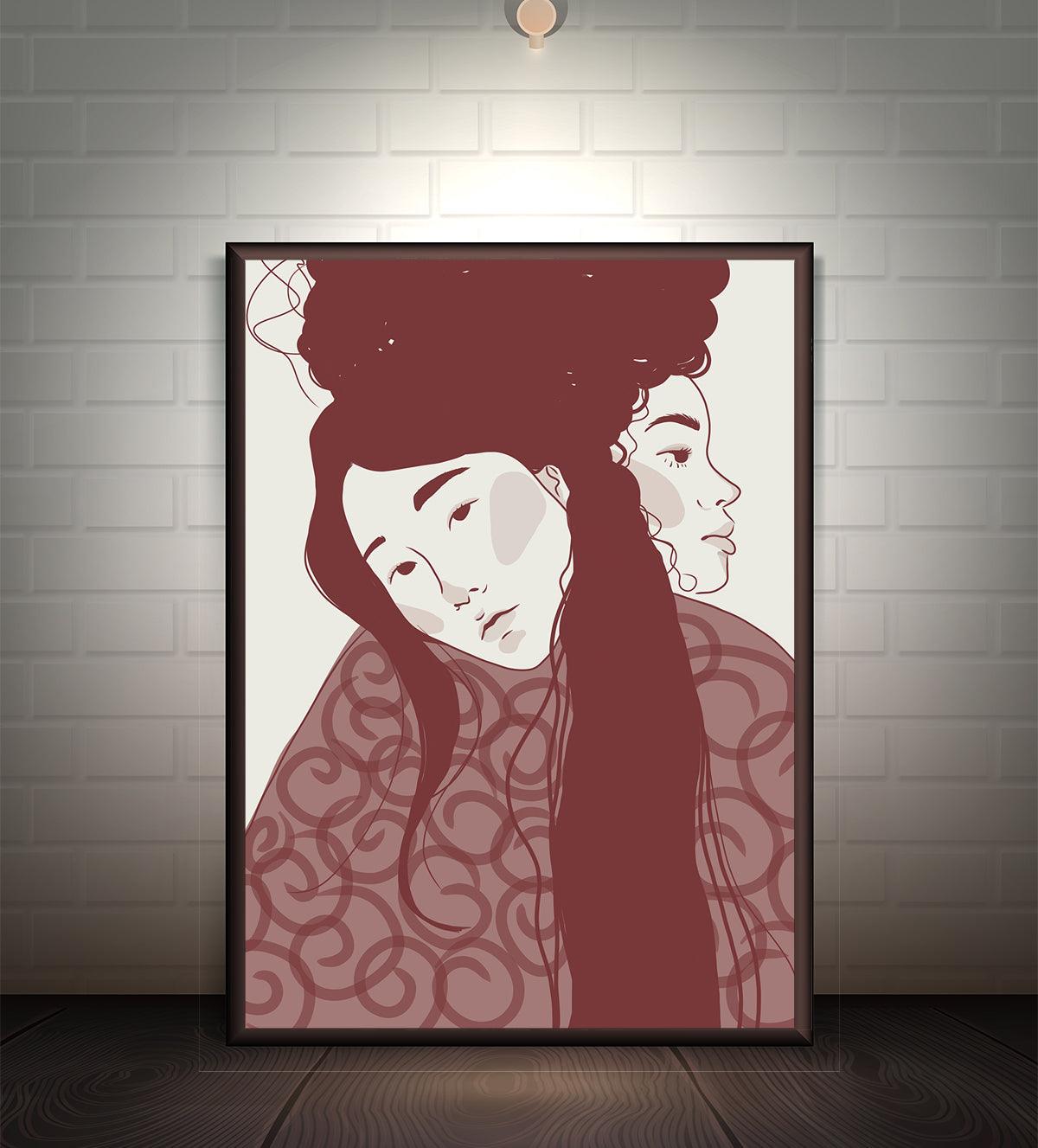 Minimalist painting of two individuals embracing in a moment of connection, featuring bold burgundy tones and serene expressions to symbolize friendship and unity.