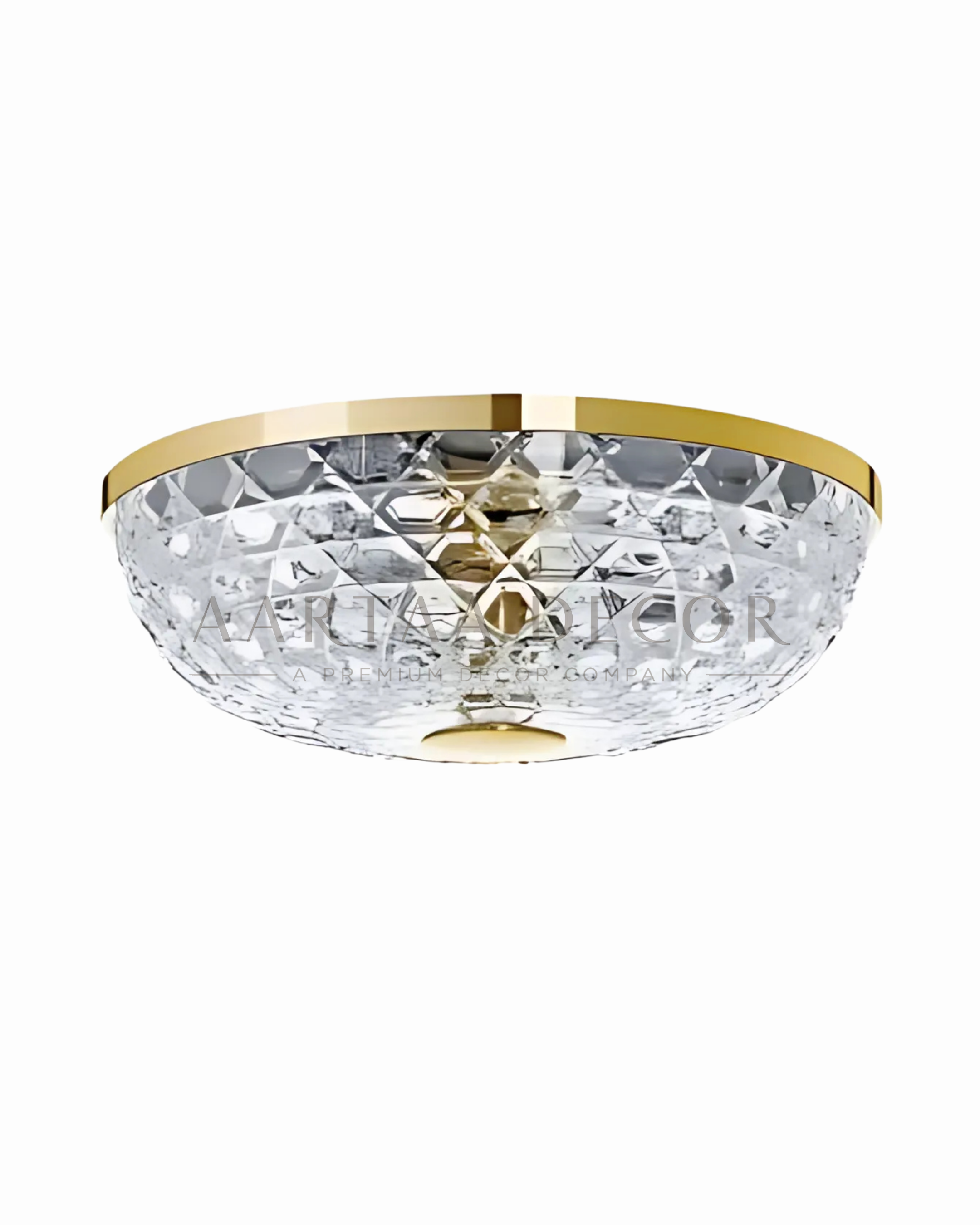 Luxury crystal flush mount ceiling light with polished brass rim and cut glass design by Aartaa Decor