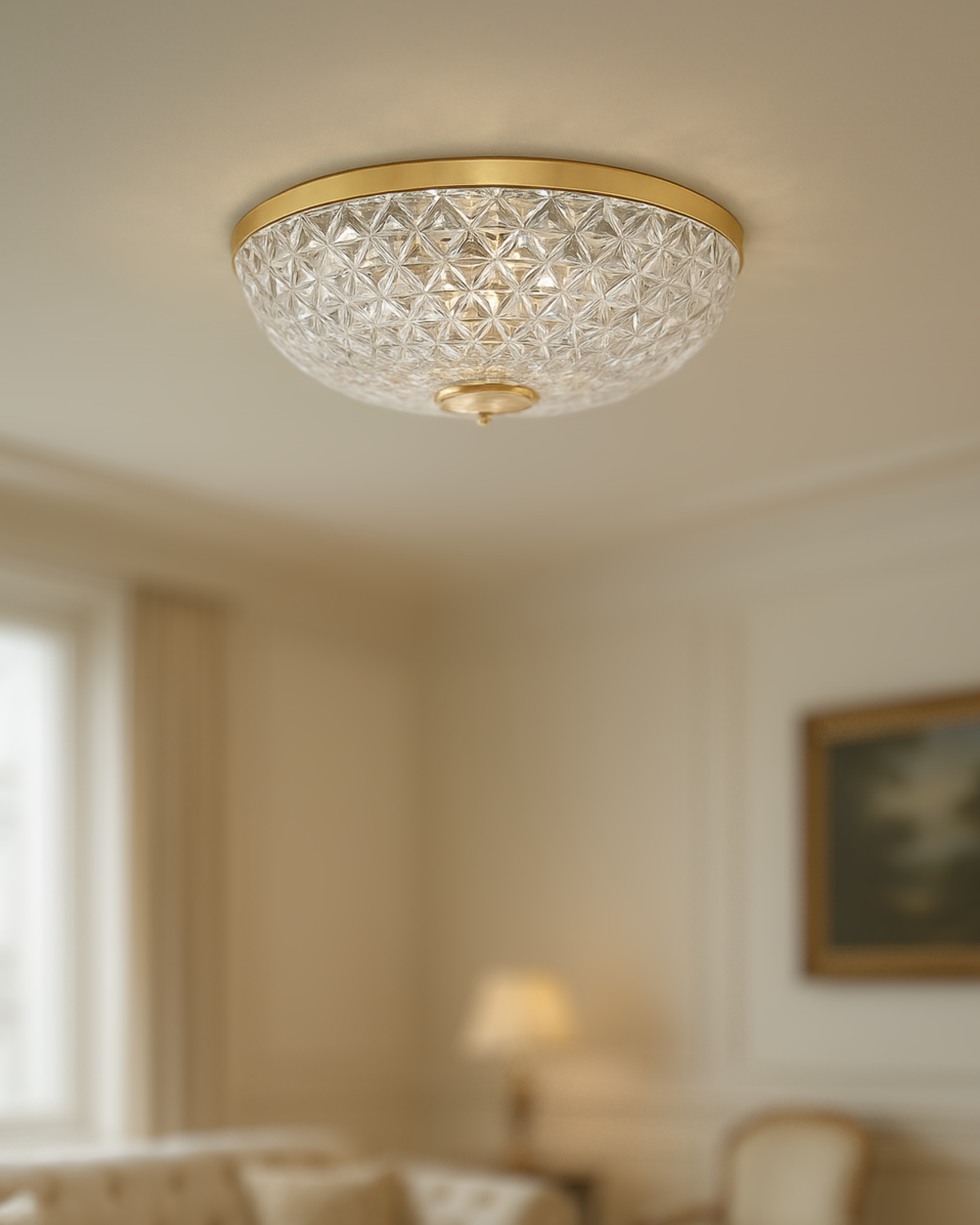 Lustra Nova Crystal Flush Mount Light installed in elegant living room – luxury handmade ceiling lighting