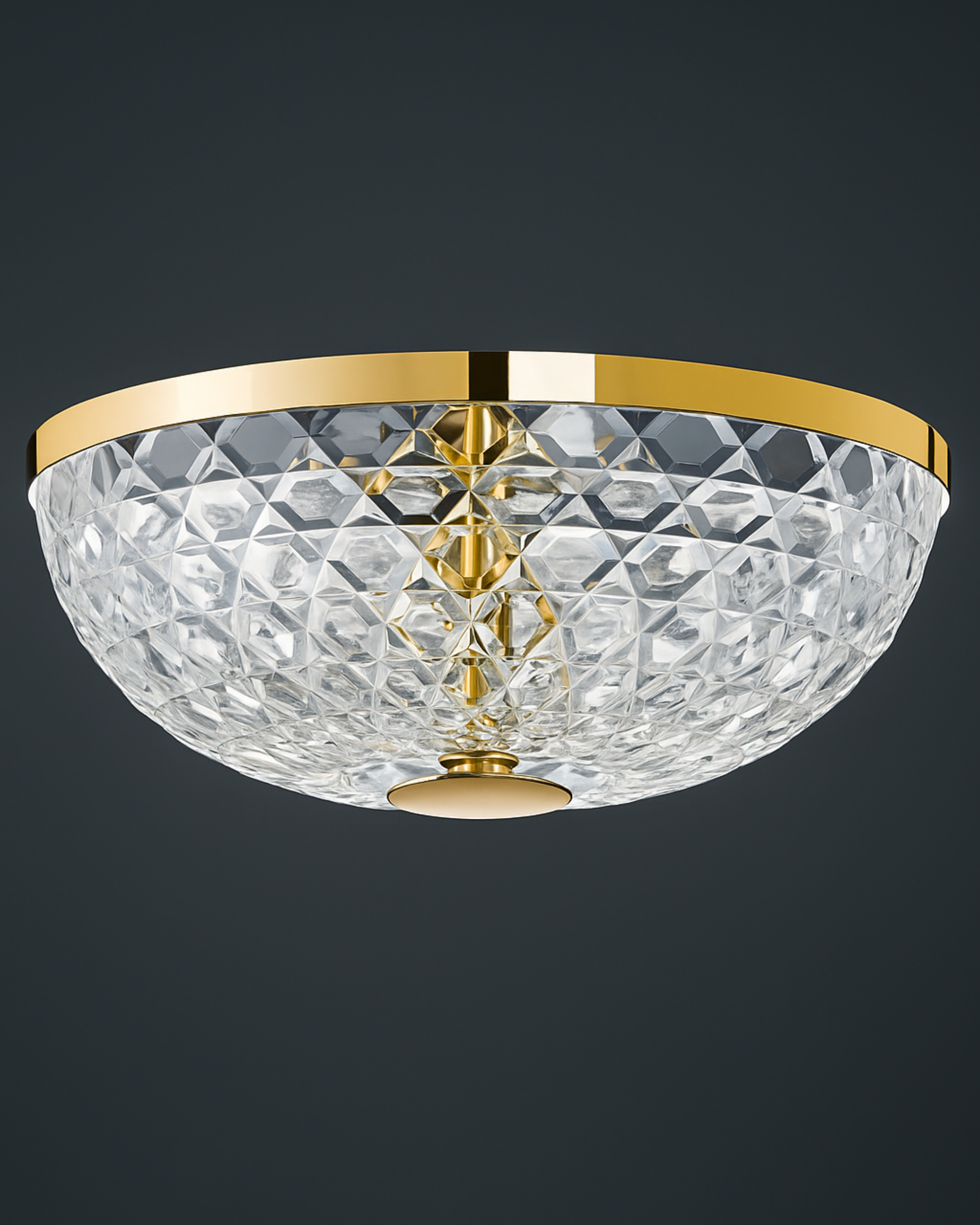 Luxury crystal flush mount ceiling light with polished brass rim and cut glass design by Aartaa Decor