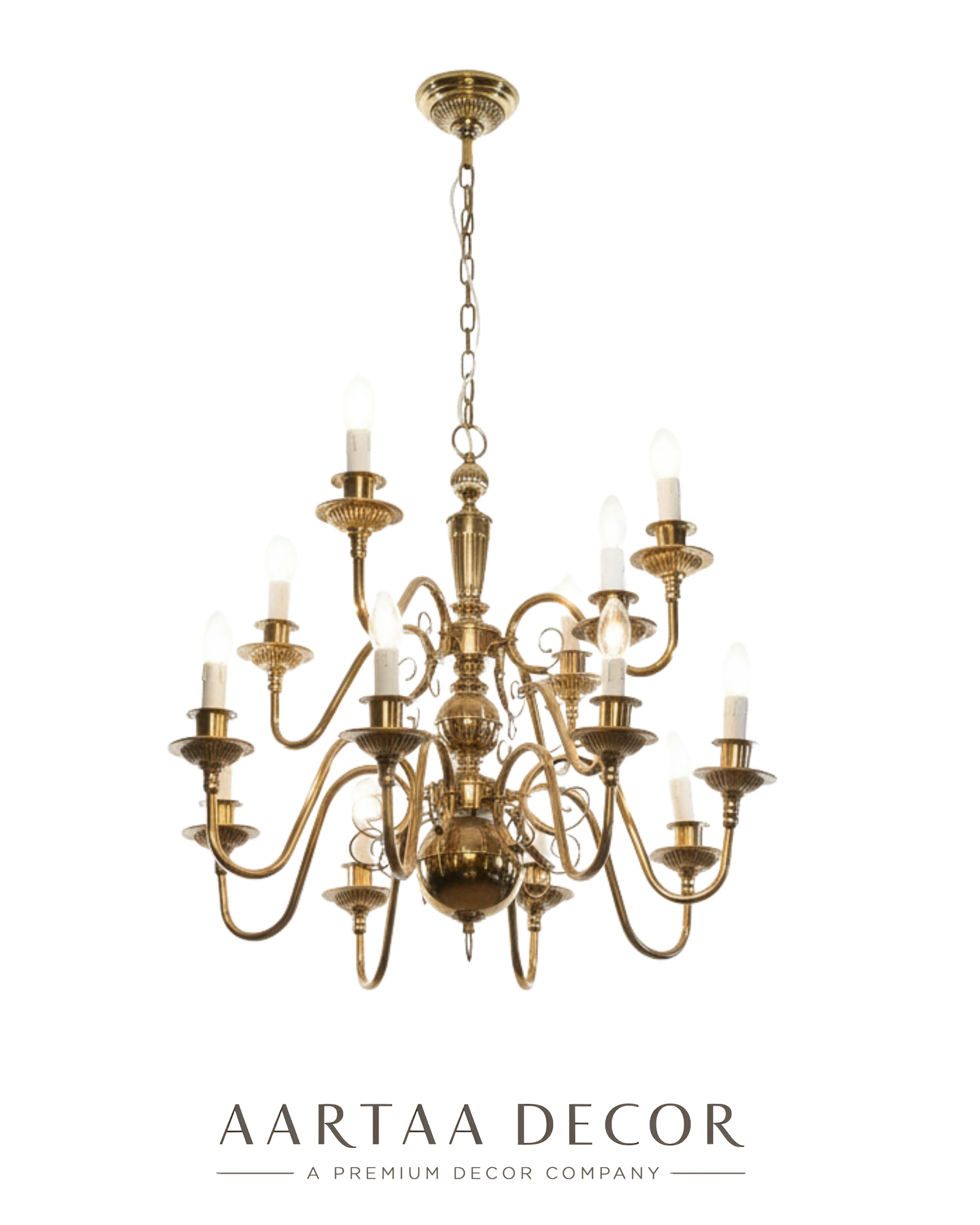 Brass chandelier with multiple candle-style lights on a white background, branded with Aartaa Decor.