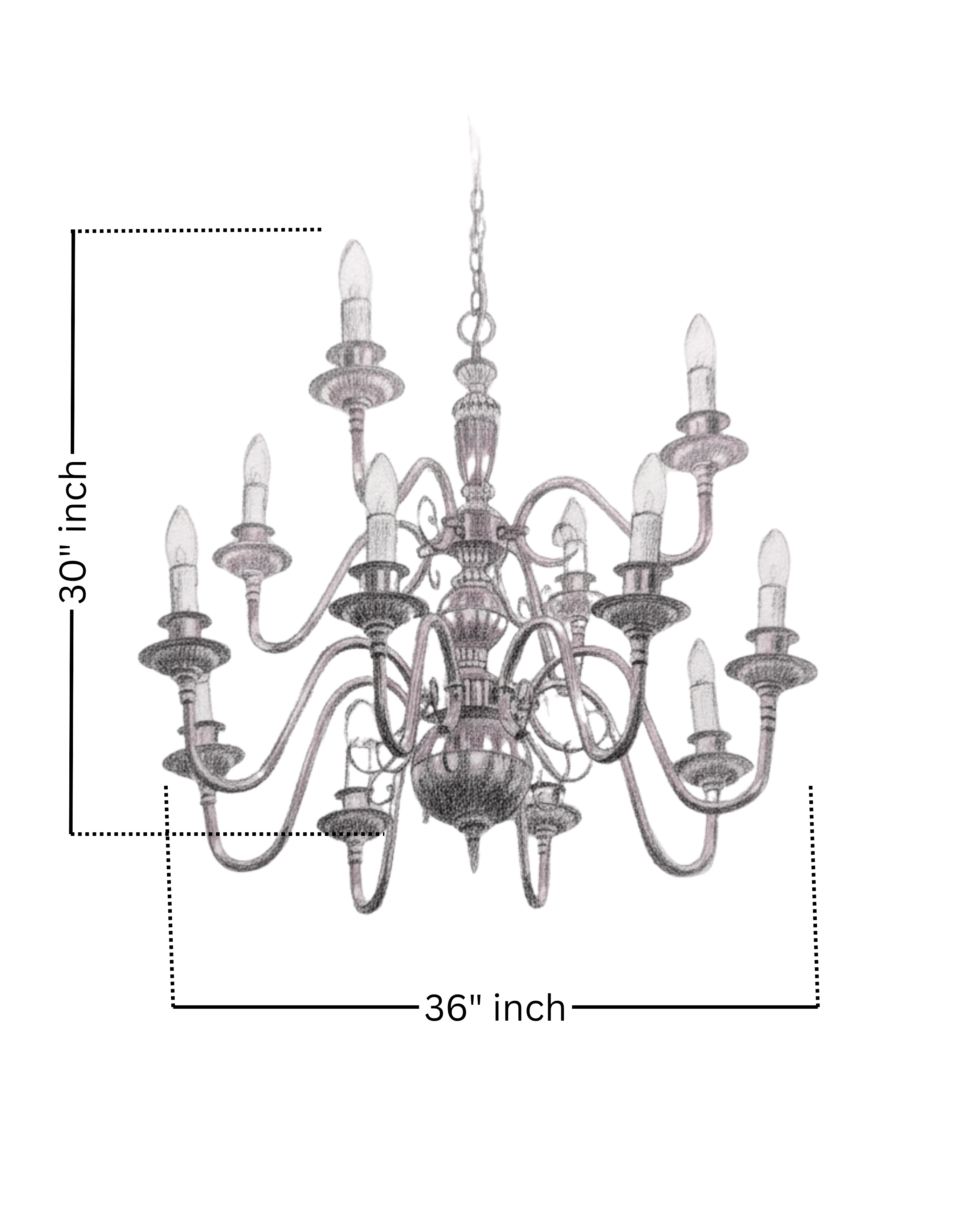 Chandelier with dimensions on a white background