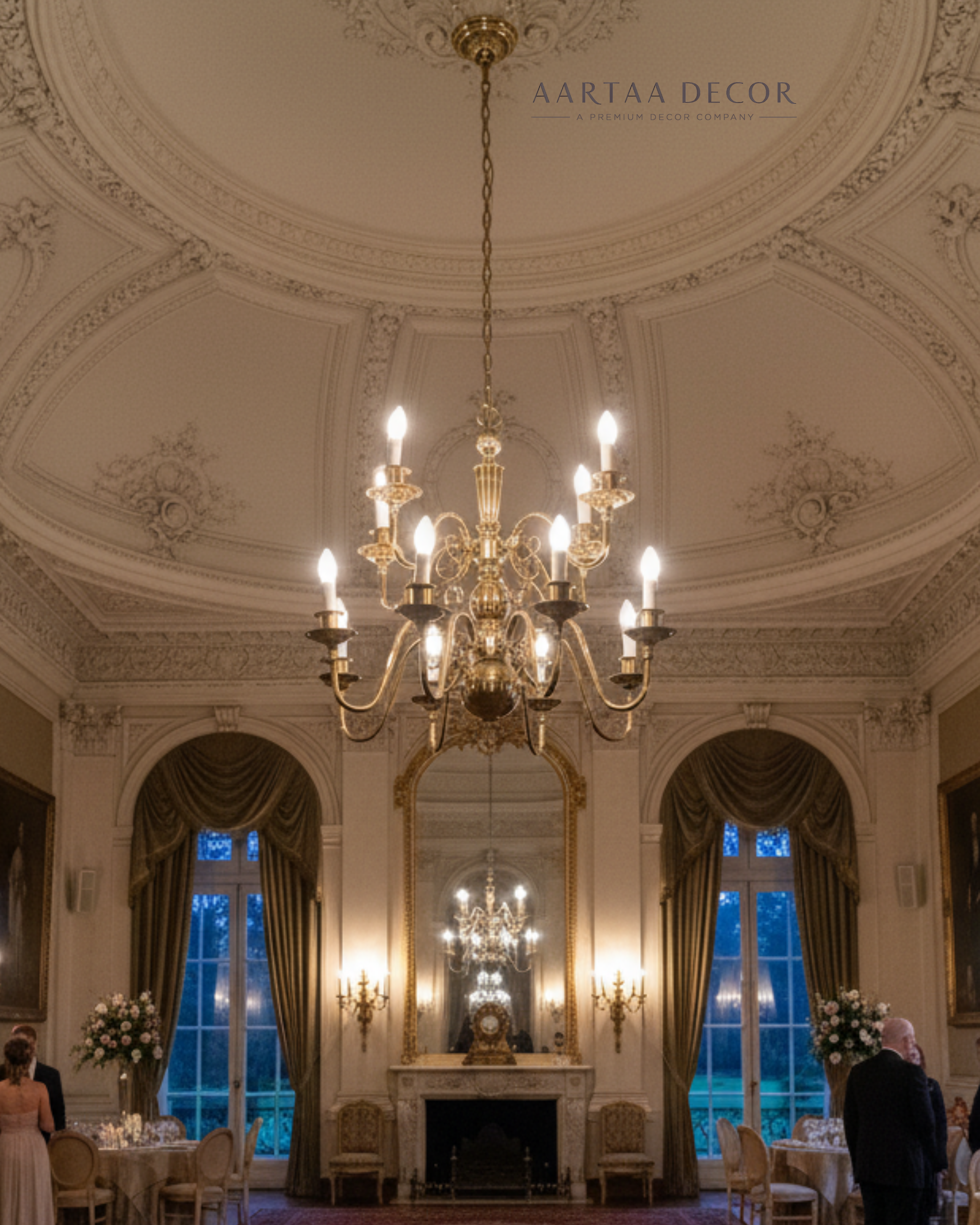 Elegant interior with a chandelier, mirrors, and decorative elements in a room with large windows. Aartaa decor