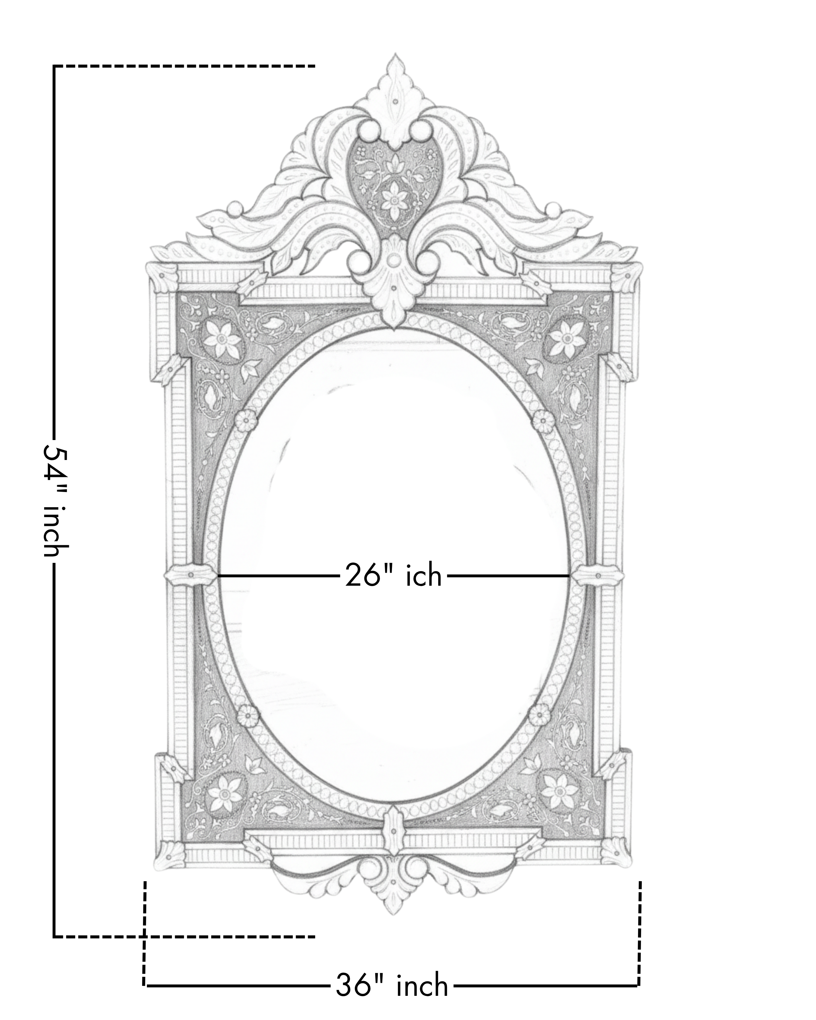 Decorative mirror with dimensions labeled on a white background