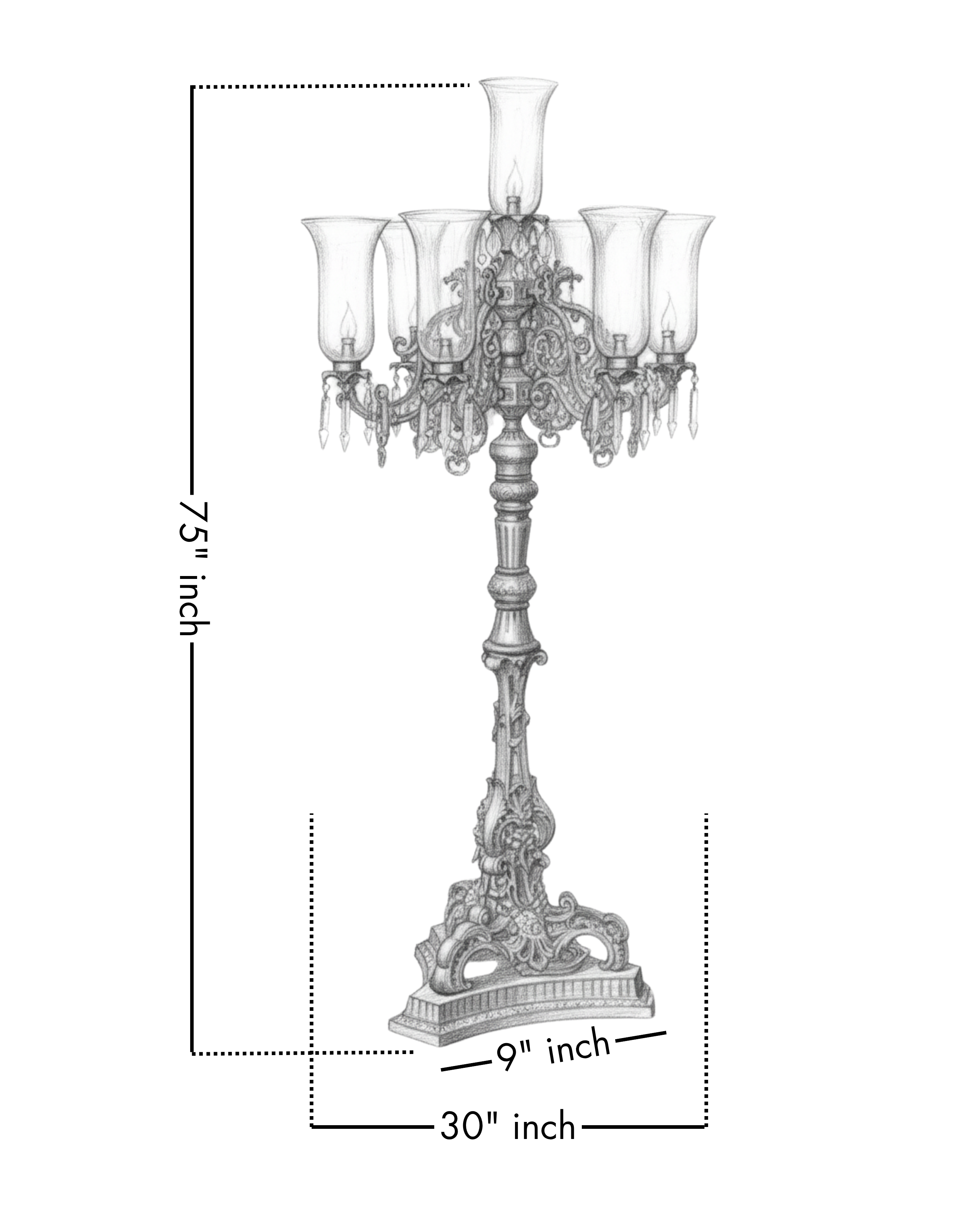 Decorative candelabrum with dimensions on a white background