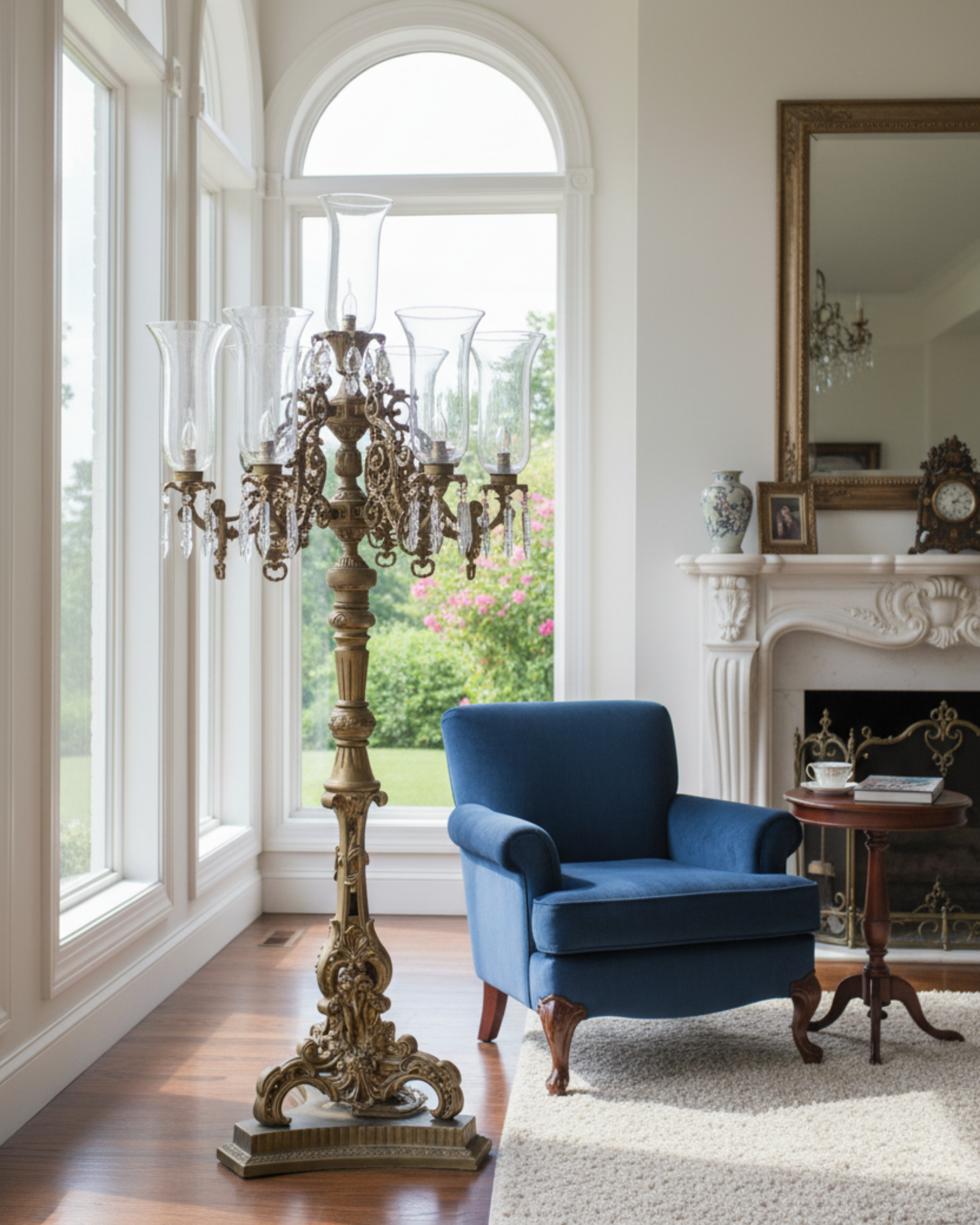 Living room with a blue armchair, ornate candelabra, and large mirror.