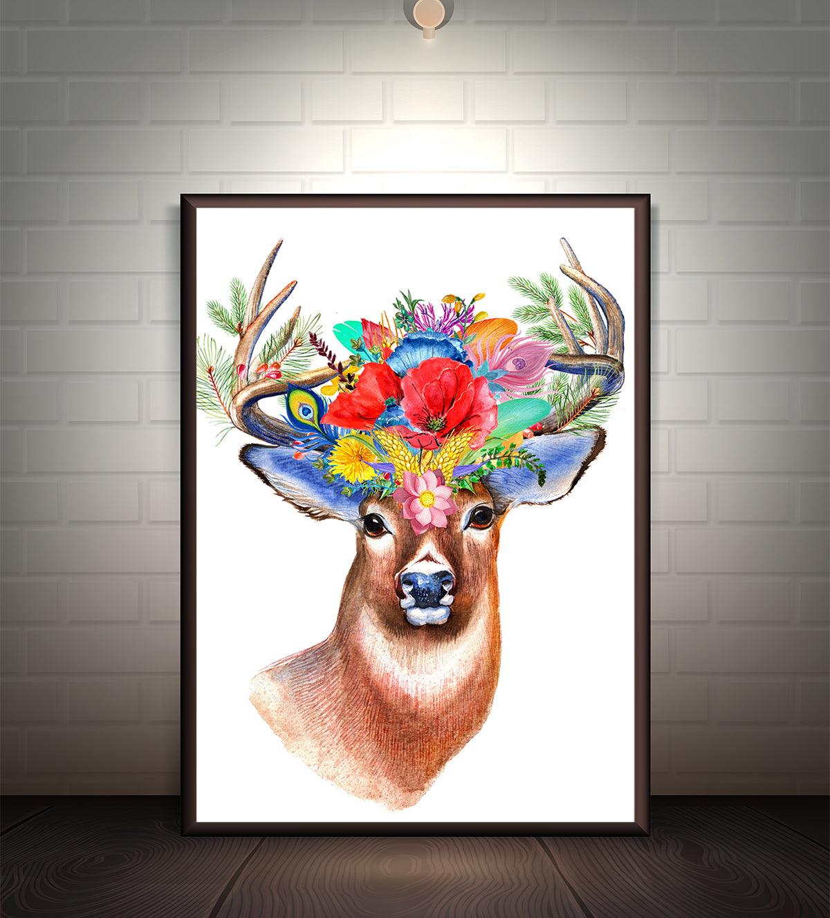 Colorful deer portrait wall art featuring a deer with a floral crown, ideal for boho and nature-inspired interiors. Available in canvas and paper options