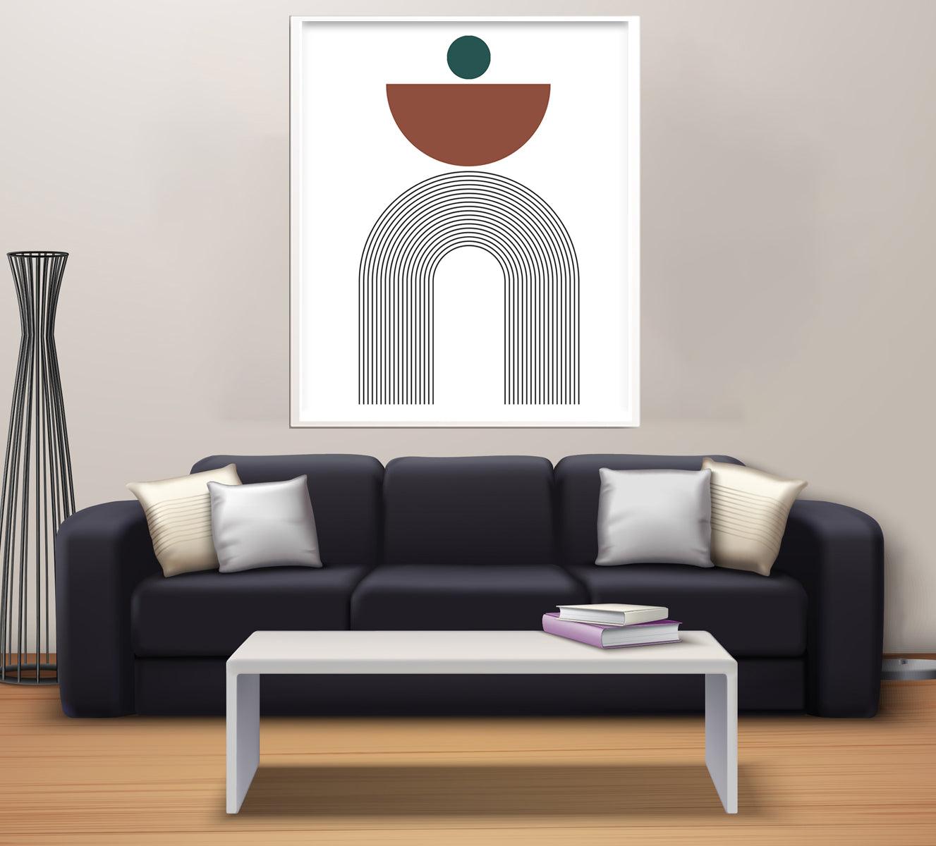 Minimalist boho wall art featuring geometric shapes in earthy tones, titled 'Ethereal Balance: Modern Boho Arch,' ideal for modern and bohemian interiors.