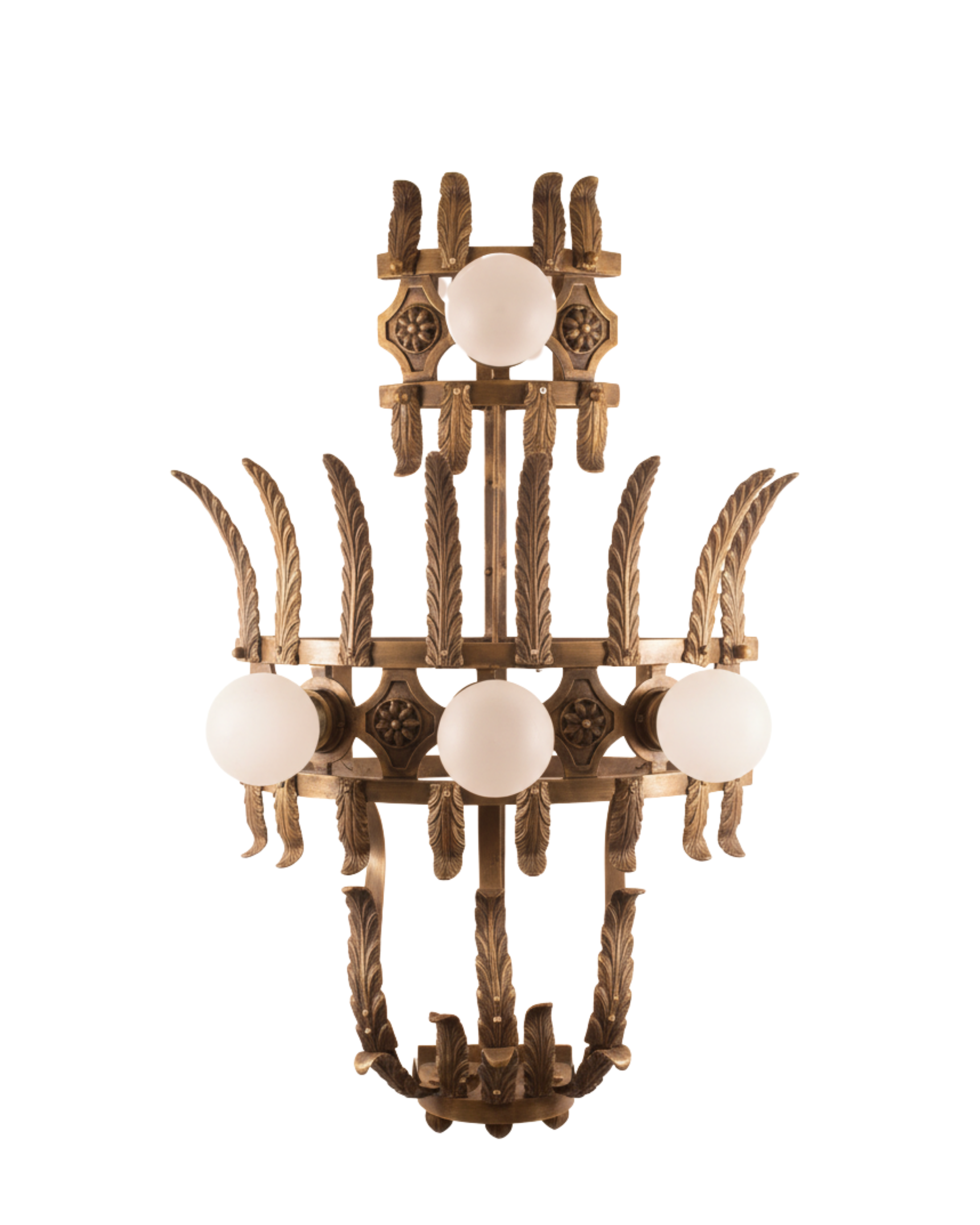 Decorative wall sconce with three spherical lights on a white background
