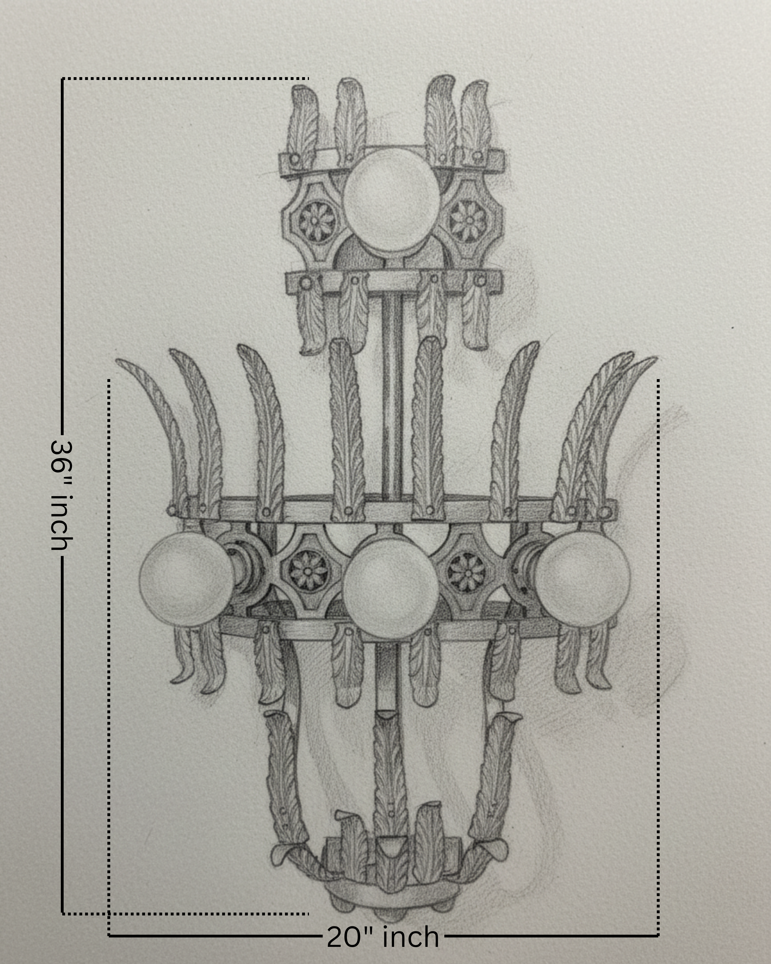Decorative wall sconce with dimensions labeled on a plain background