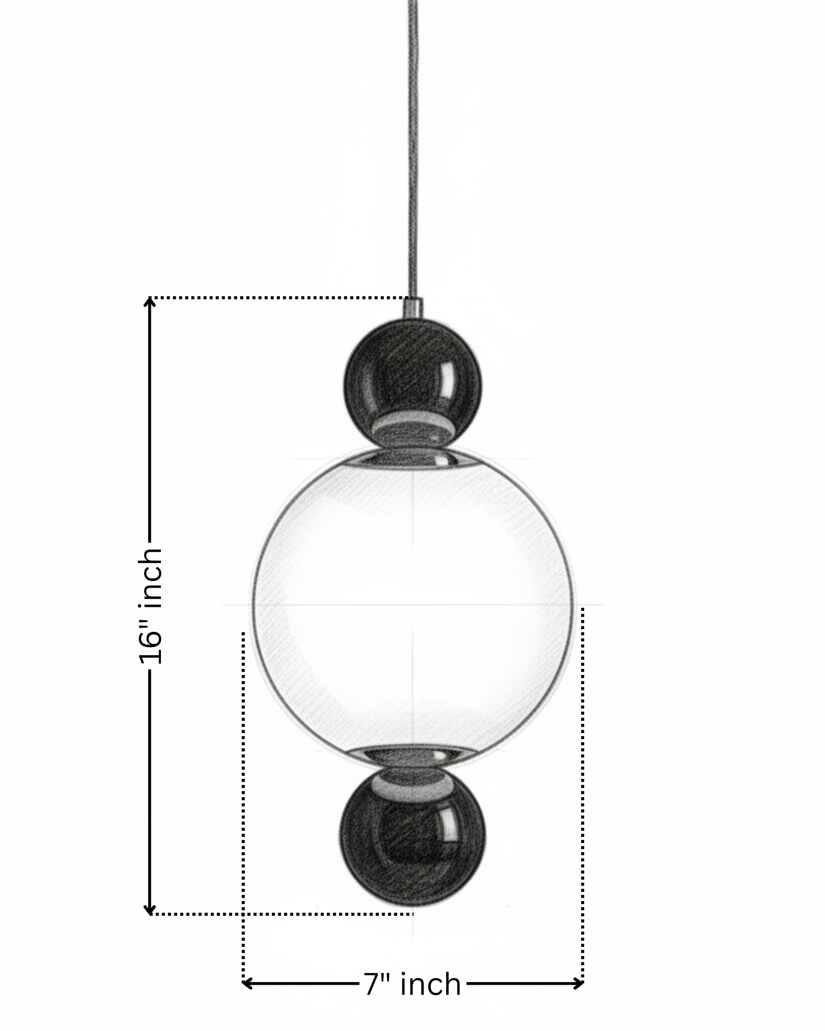 Pendant light with measurements on a white background the Noor Orb Pendant Light is a statement of understated luxury. The design features a luminous handcrafted glass sphere, framed gracefully by solid brass accents that add warmth, contrast, and durability.