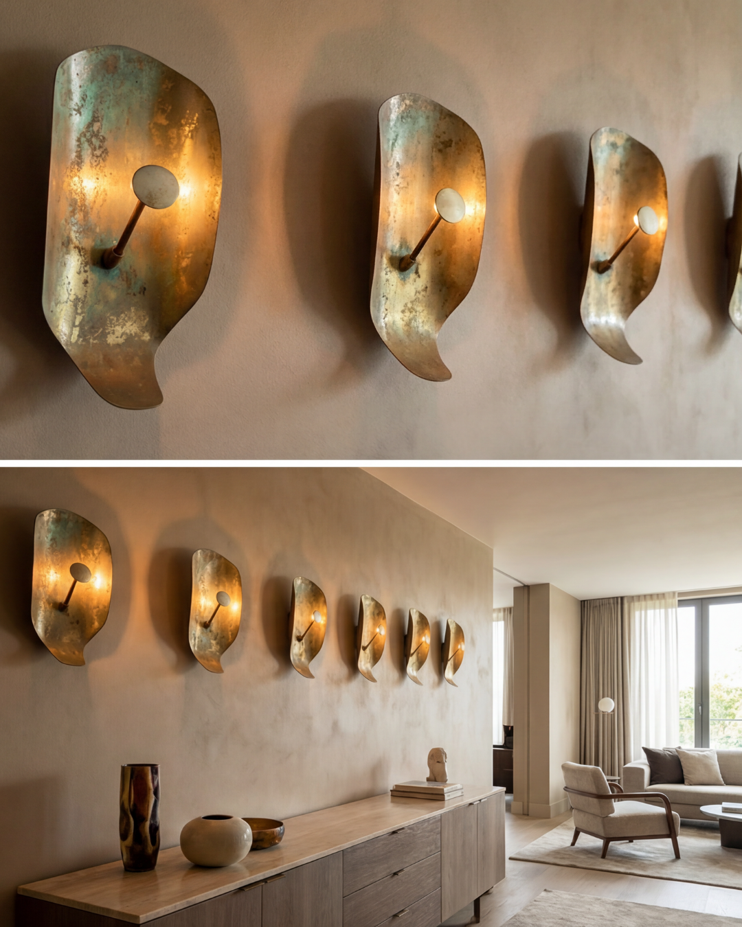 Decorative wall lights on a wall with a modern living room setting.
