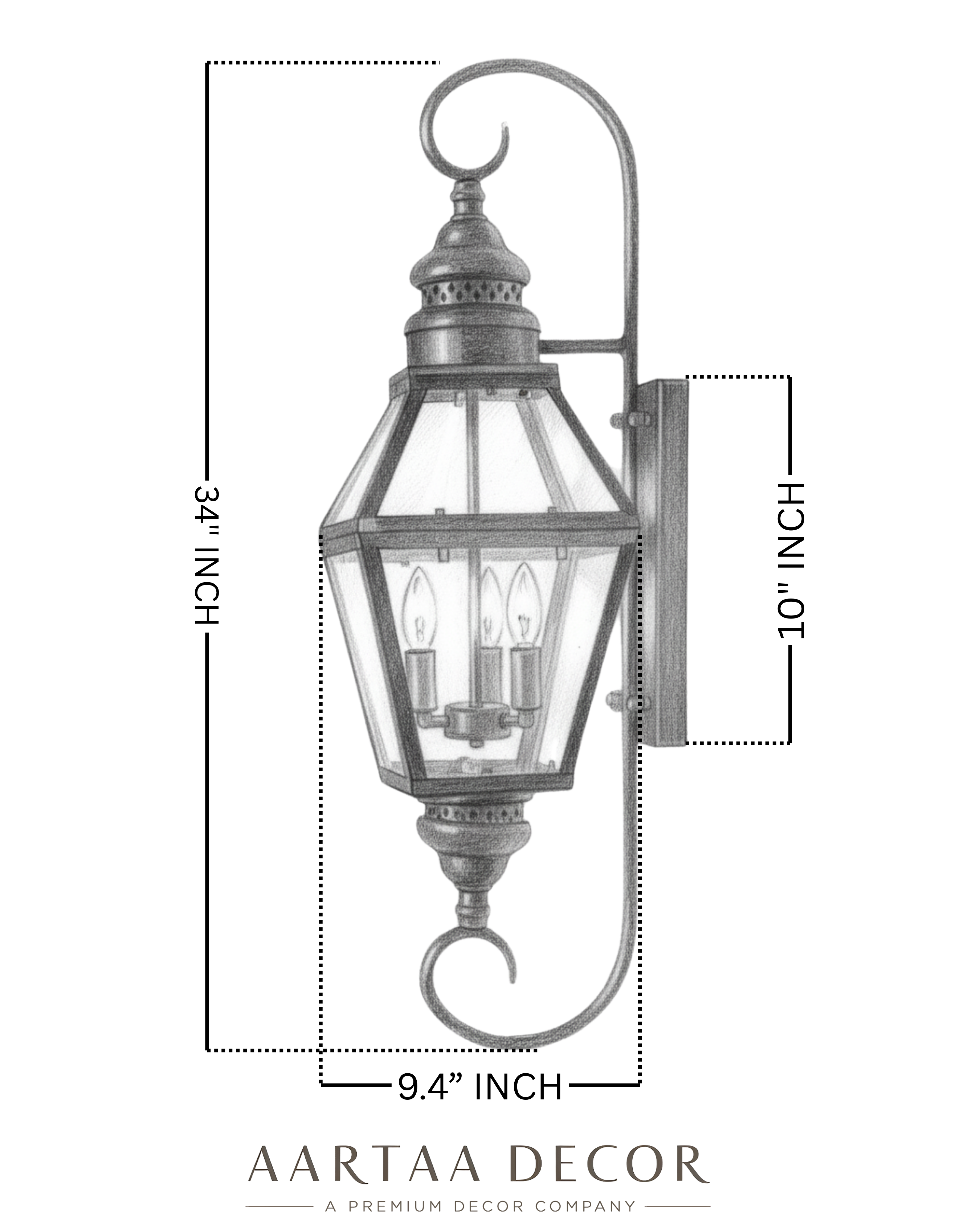 Wall-mounted lantern with dimensions and Aartaa Decor branding