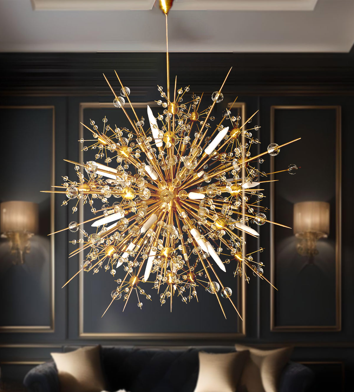 Starburst Luxe Radiance Chandelier with golden spikes, perfect for luxury home, villa, or hotel interiors.