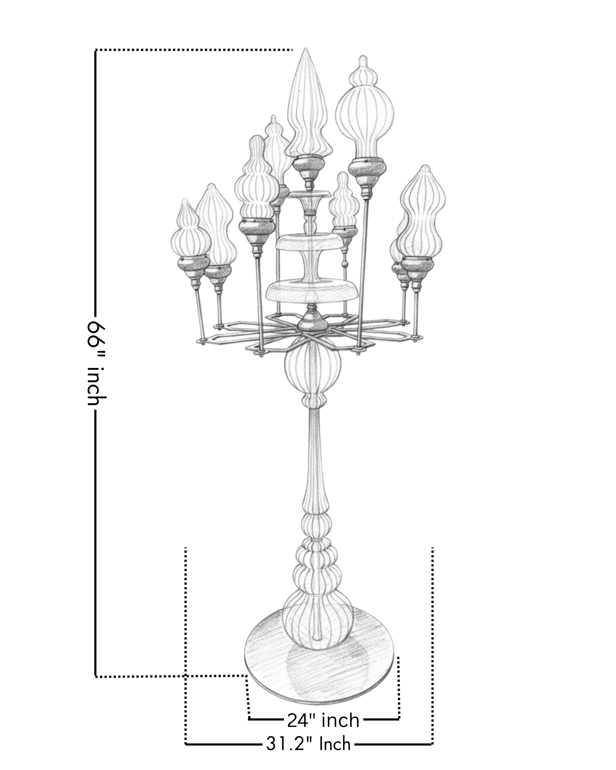 Line drawing of a decorative candelabra with dimensions on a white background aartaa's floor lamps