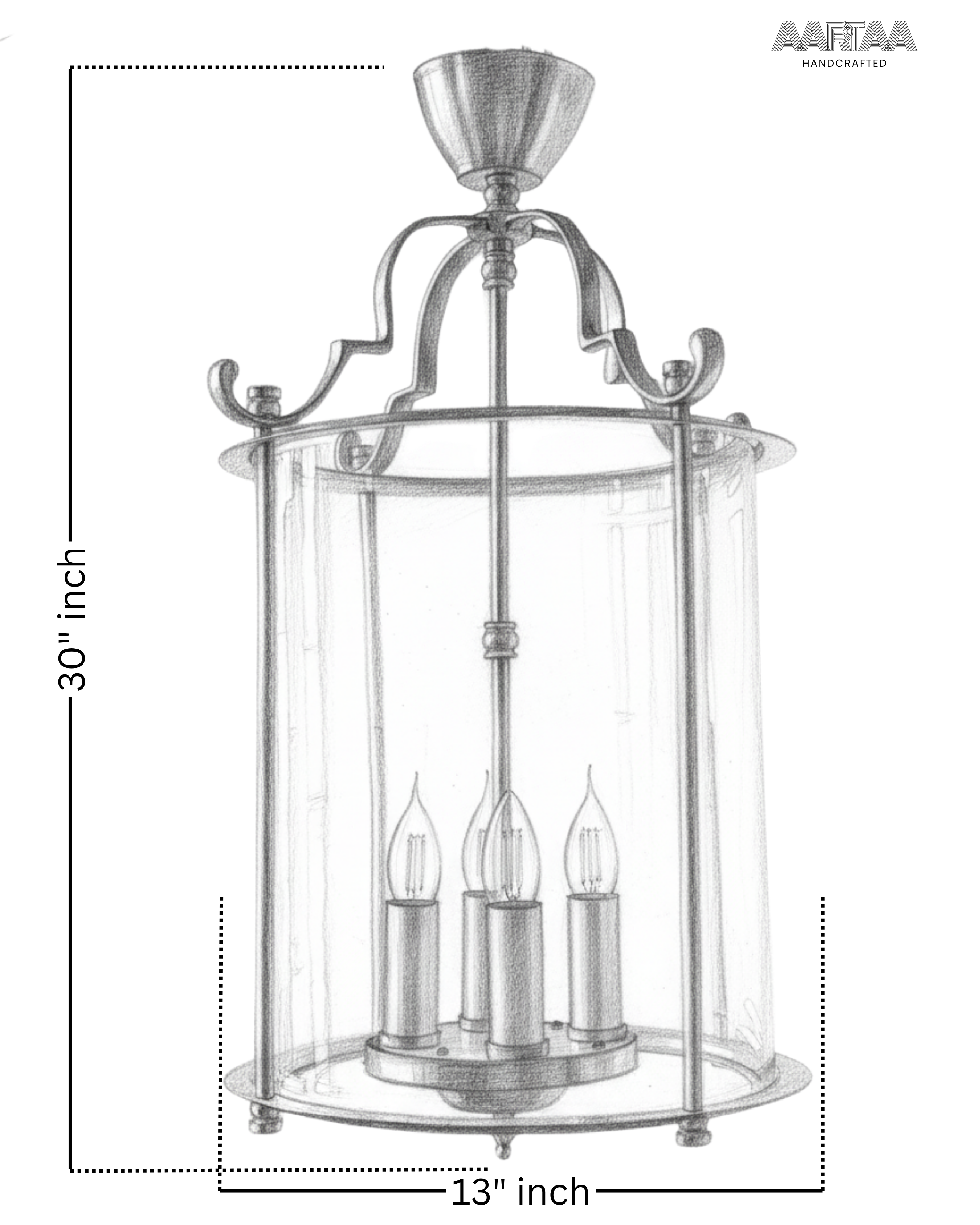 Technical sketch of Rajvilas Heritage Brass Lantern Pendant Light showing 30-inch height and 13-inch width – handcrafted brass lighting by Aartaa Decor