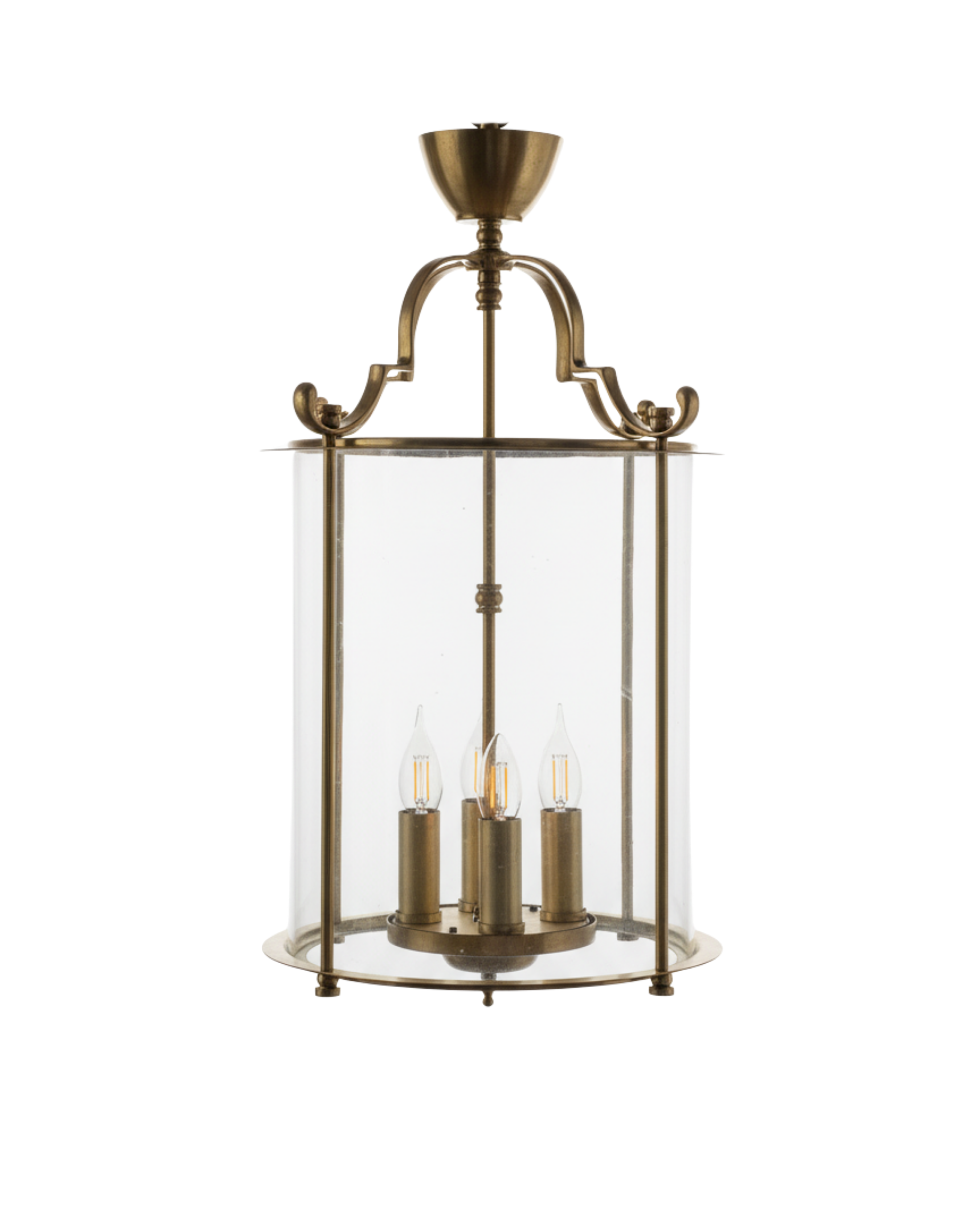 Front view of Rajvilas Heritage Brass Lantern Pendant Light handcrafted in solid brass with clear glass shade and 4-light design – Aartaa Decor