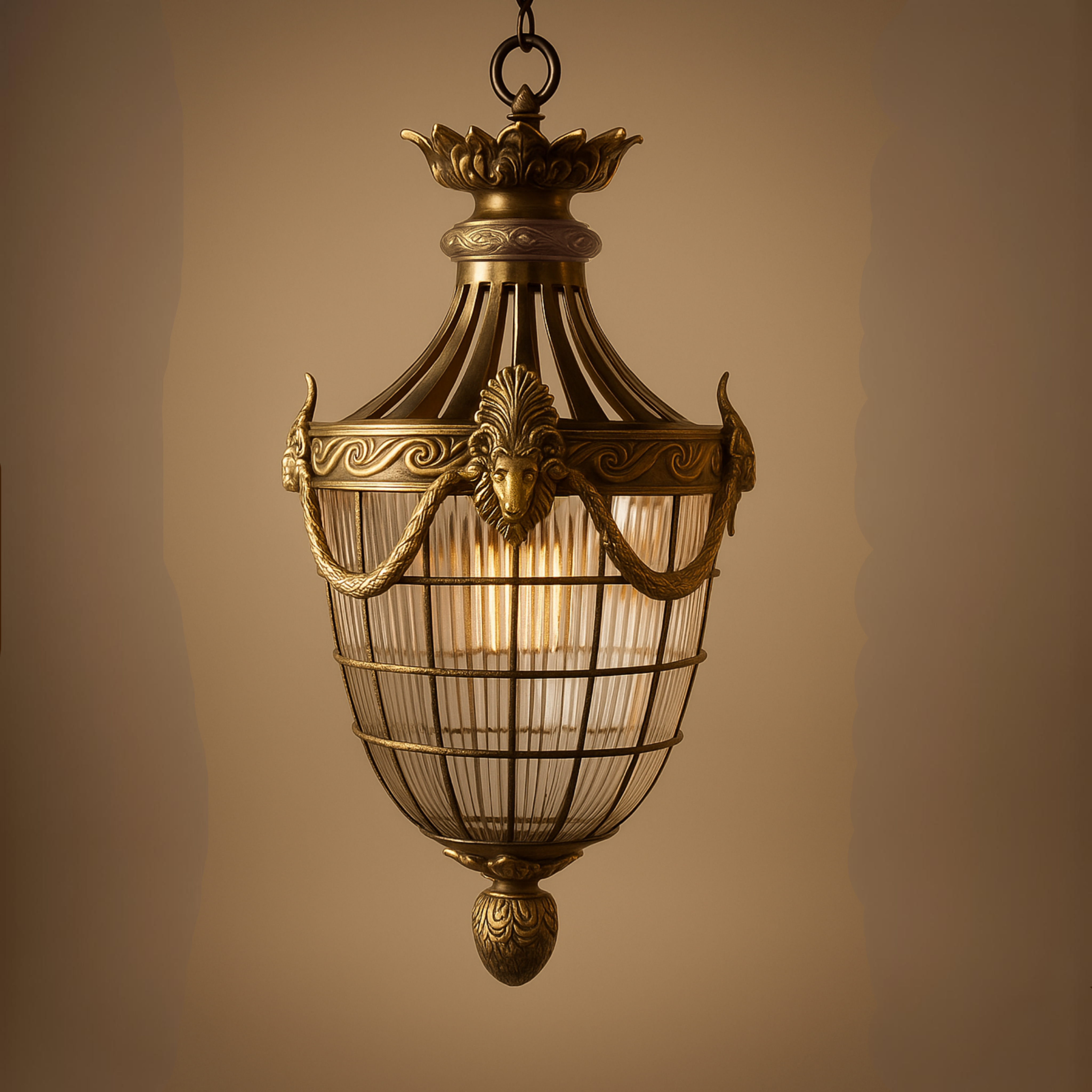 Regal Aurelius handcrafted antique brass pendant light with ribbed glass shade, luxury vintage lantern made in India by Aartaa Decor