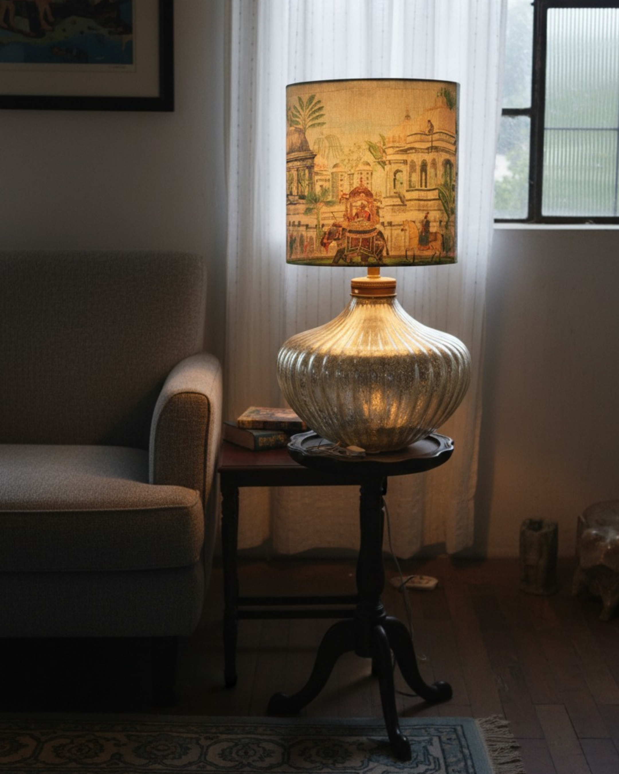 Regal Heritage Table Lamp with handcrafted ribbed glass base and royal palace artwork lampshade by Aartaa Decor