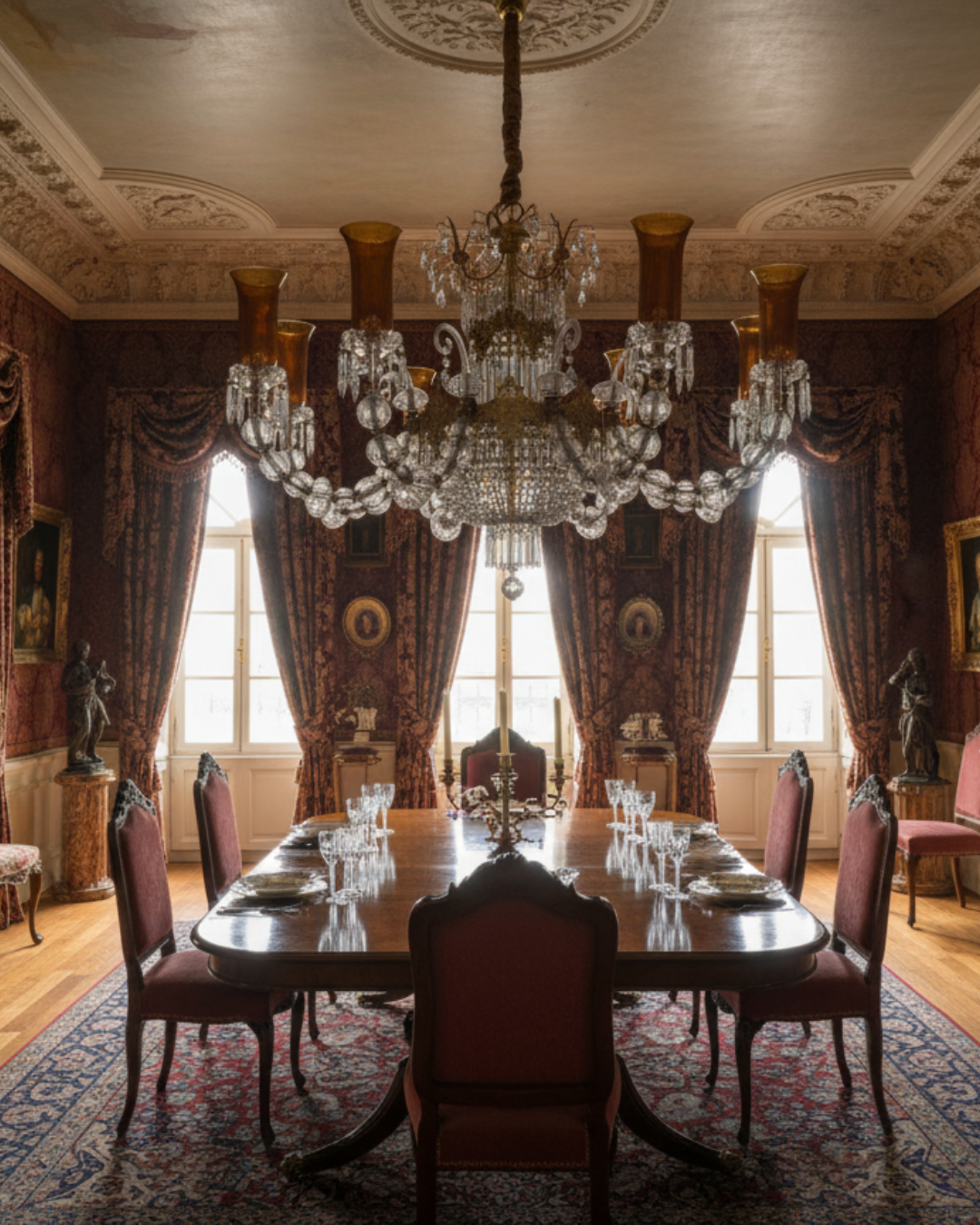 Regalia Grand Crystal Chandelier installed in a heritage temple interior, creating a warm regal glow and enhancing the traditional architecture.