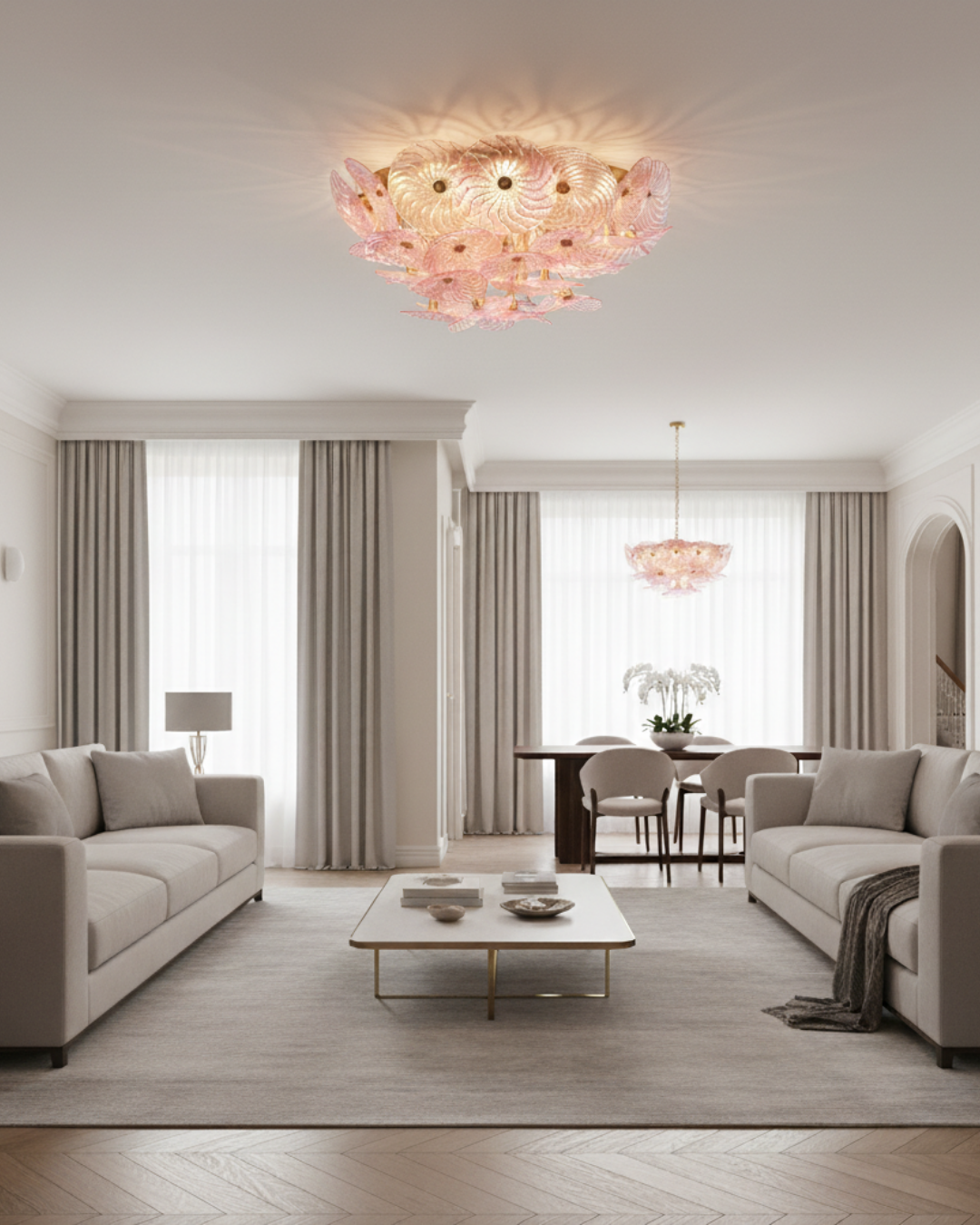 Modern living room with stylish ceiling lights and decor