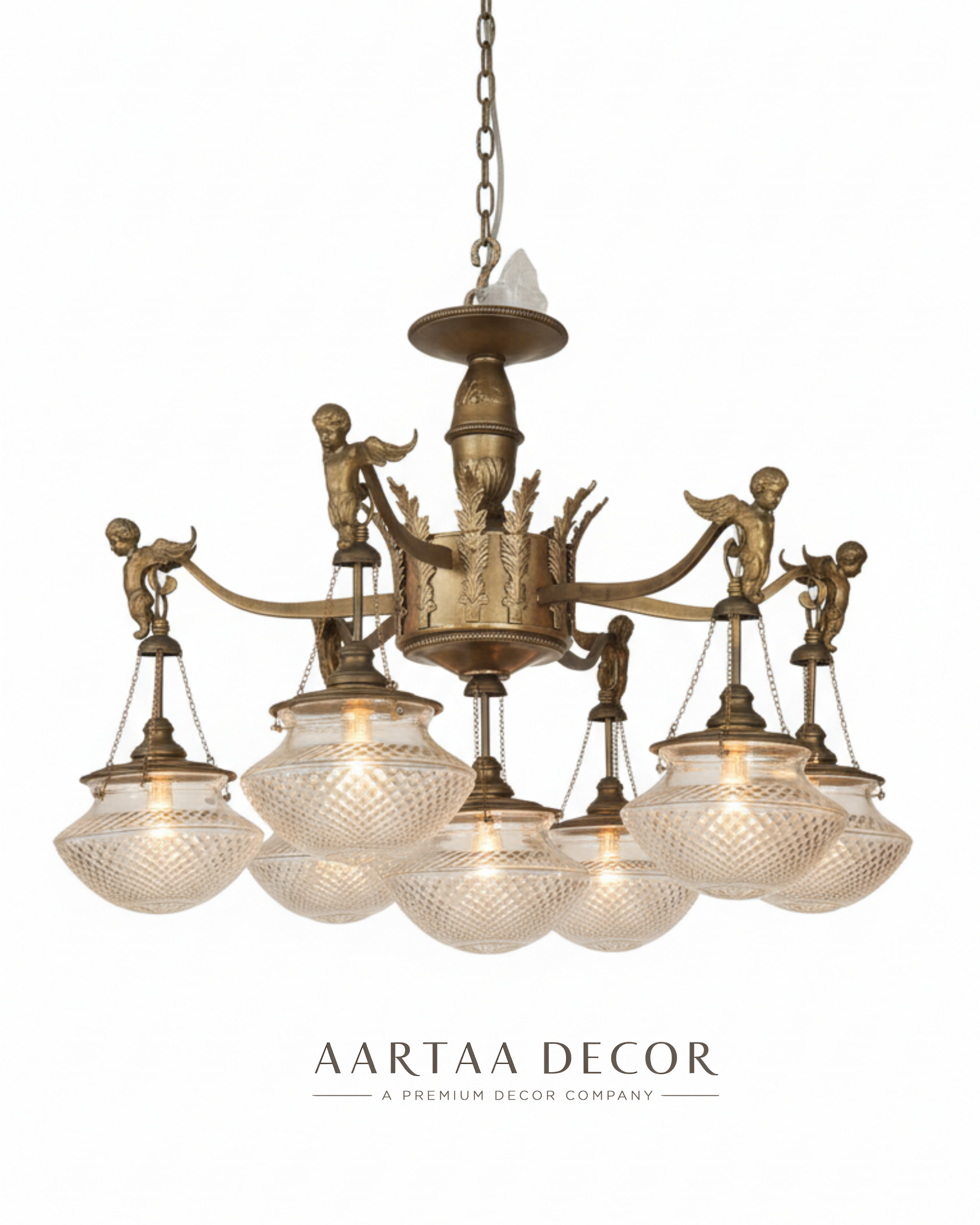 Decorative chandelier with glass shades and brass fixtures on a white background, featuring the brand 'Aartaa Decor'.