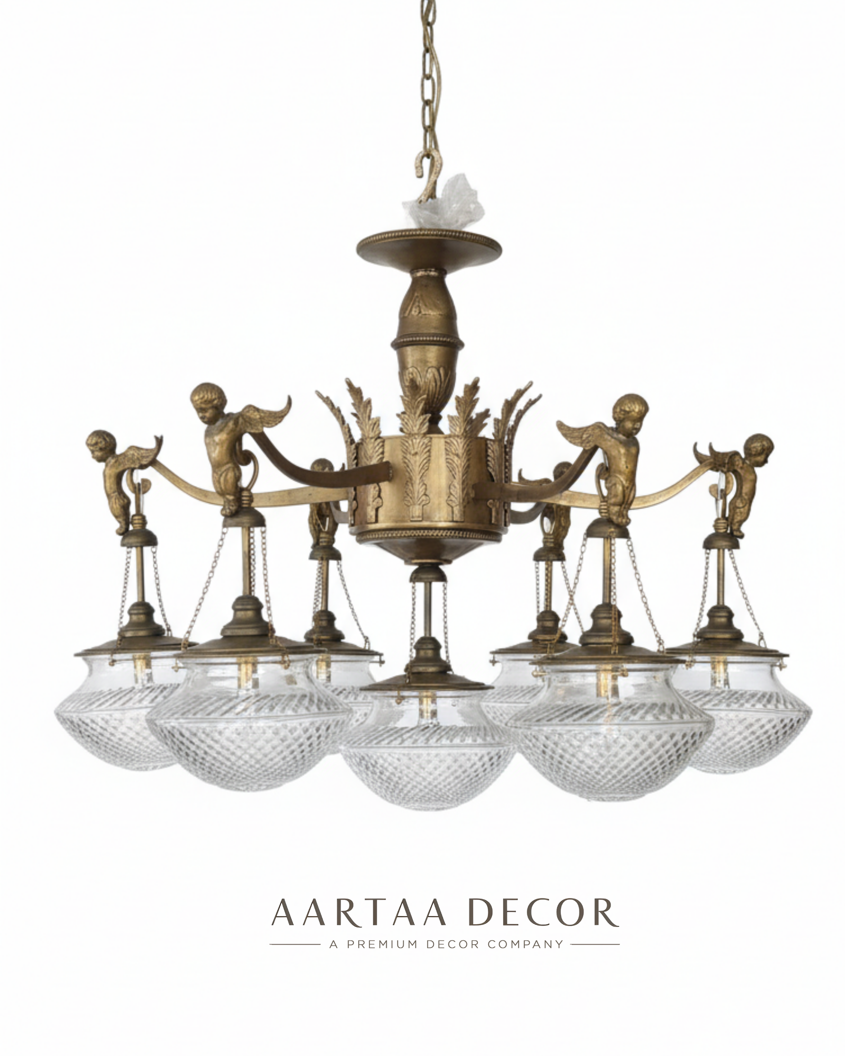 Decorative chandelier with glass shades and brass fixtures on a white background, featuring the brand 'Aartaa Decor'.